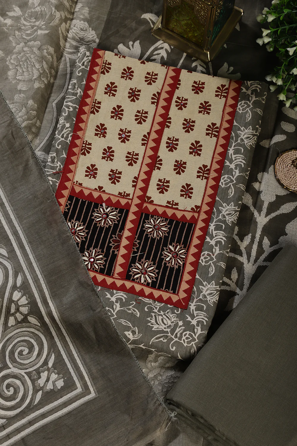 Greyish Green Mirror Work And Printed Cotton Unstitched Suit Material