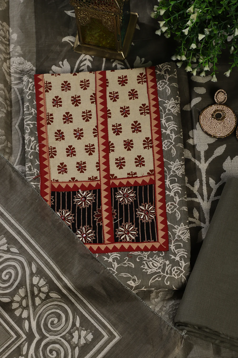 Greyish Green Mirror Work And Printed Cotton Unstitched Suit Material - Image 2