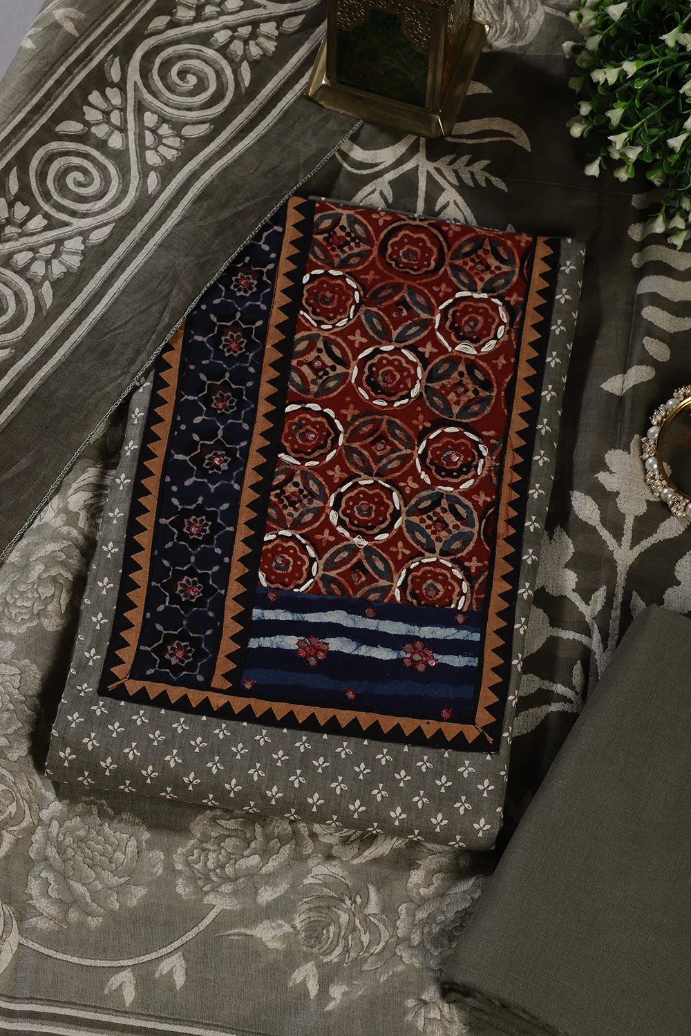 Greyish Green Printed and Mirror Work Cotton Unstitched Suit Material - Image 2