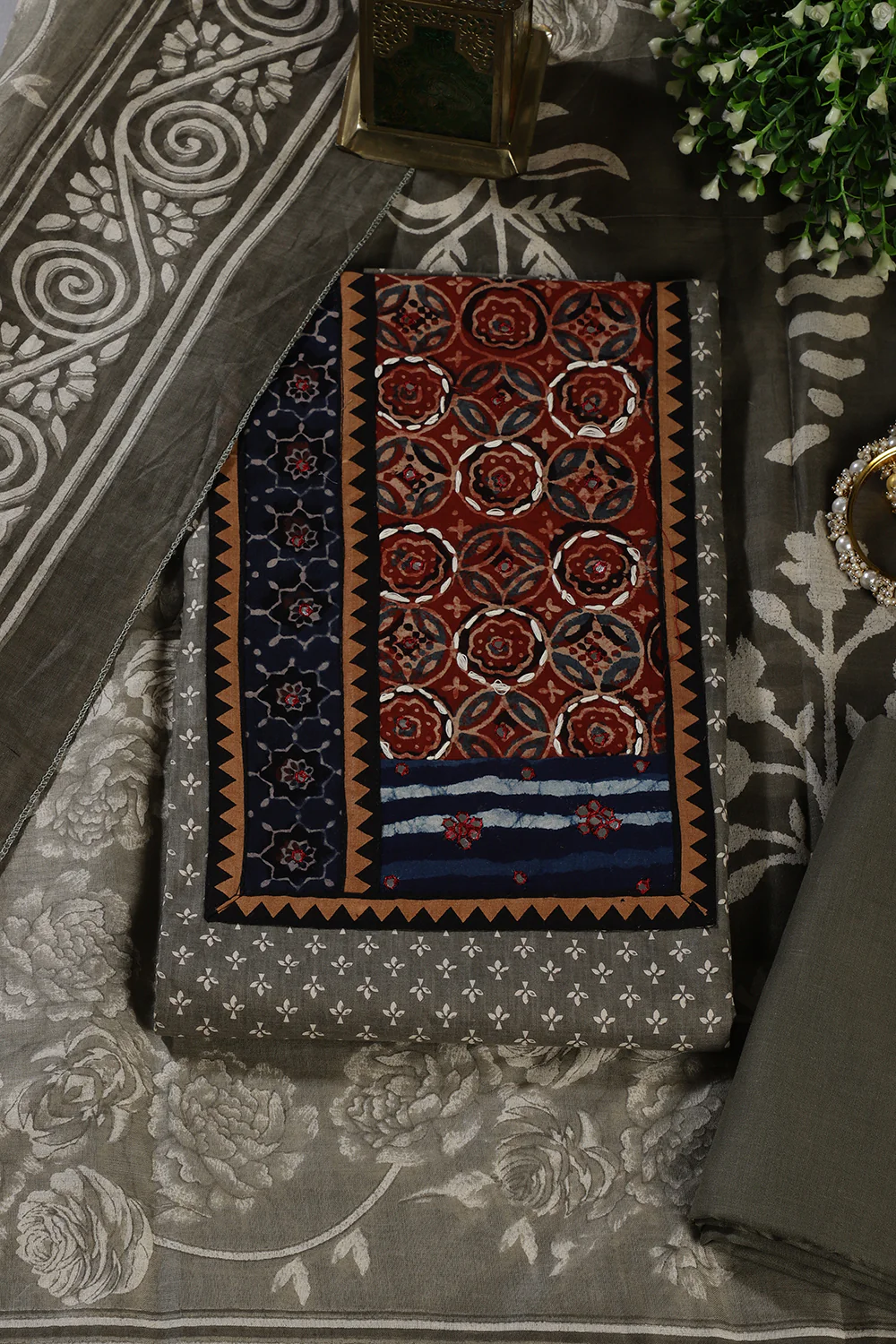 Greyish Green Printed and Mirror Work Cotton Unstitched Suit Material - Image 3