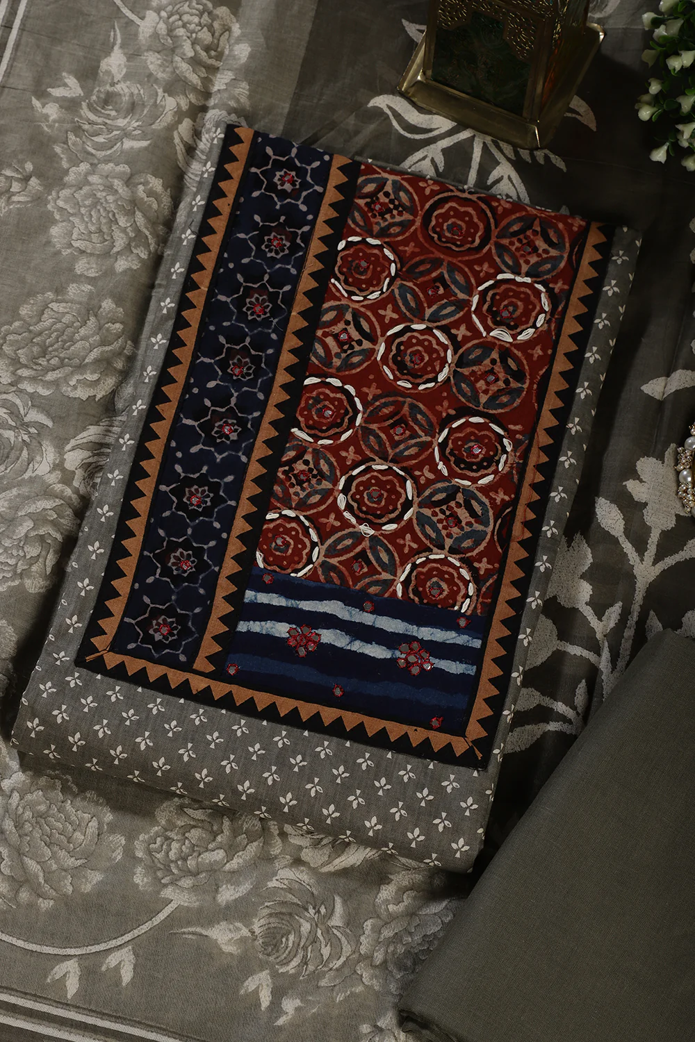 Greyish Green Printed and Mirror Work Cotton Unstitched Suit Material - Image 4