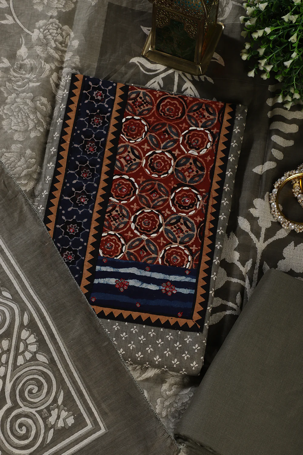 Greyish Green Printed and Mirror Work Cotton Unstitched Suit Material - Image 5