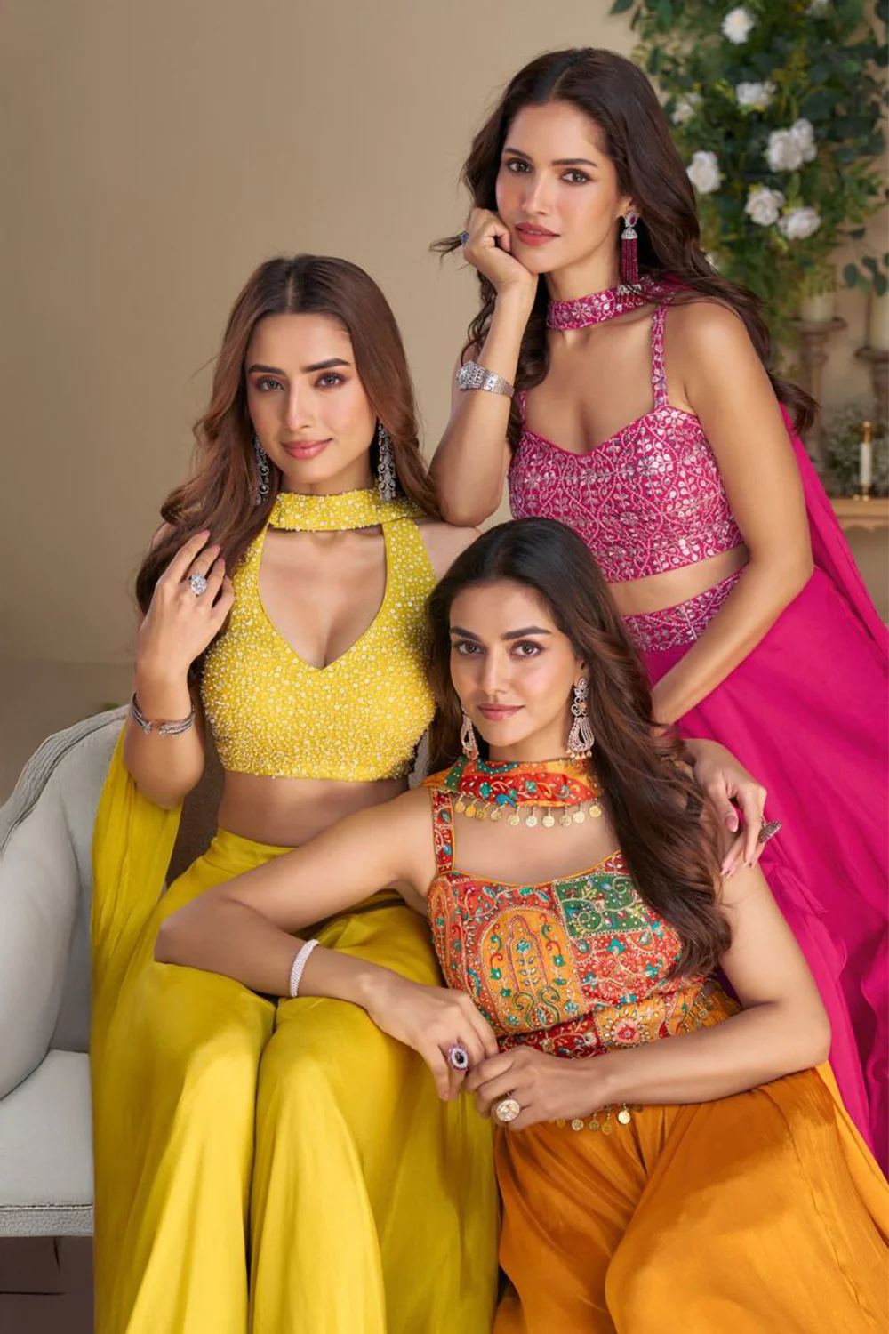 Hot Pink Silk Embroidered Choli Palazzo Set With Dupatta - Image 3