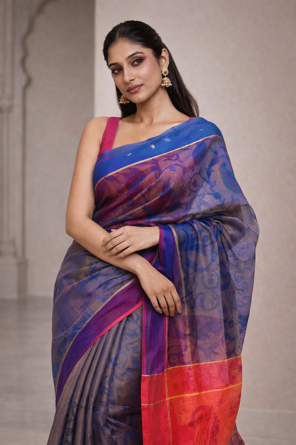 Indigo Chanderi Cotton Printes Saree - Image 2