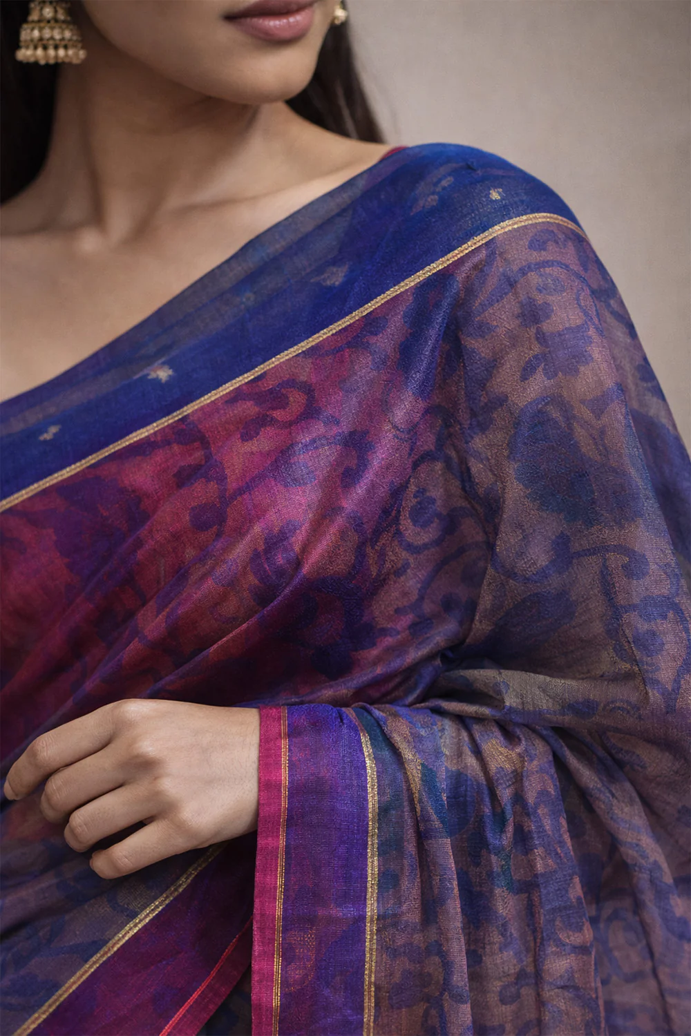 Indigo Chanderi Cotton Printes Saree - Image 3