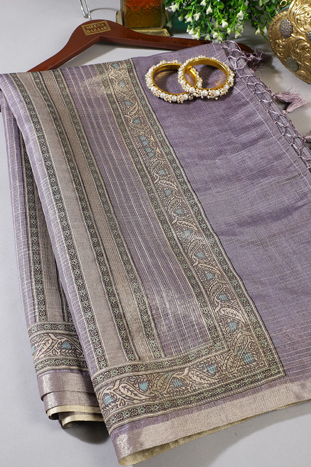 Lavendar Floral Printed Metallic Tissue Saree