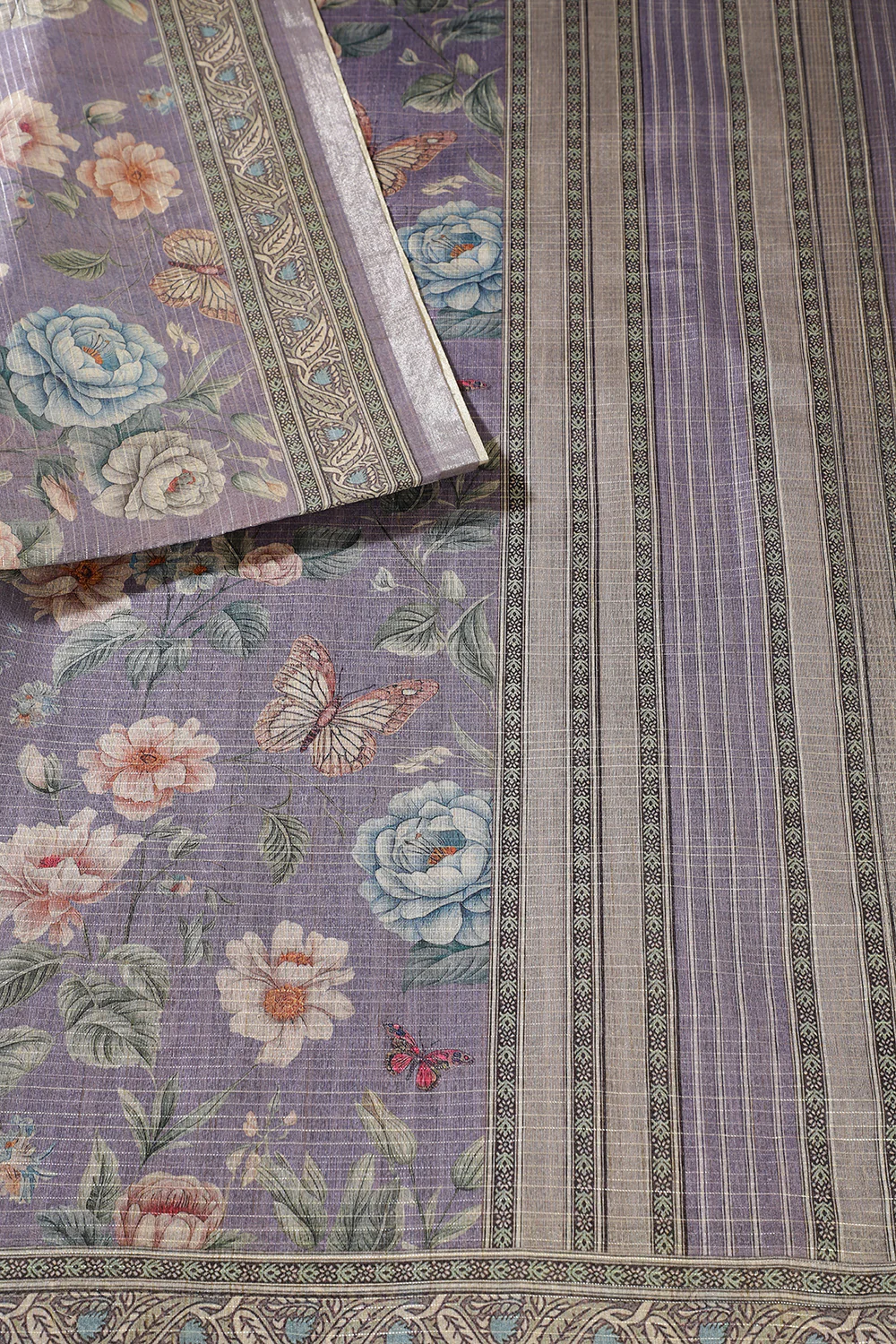 Lavendar Floral Printed Metallic Tissue Saree - Image 2