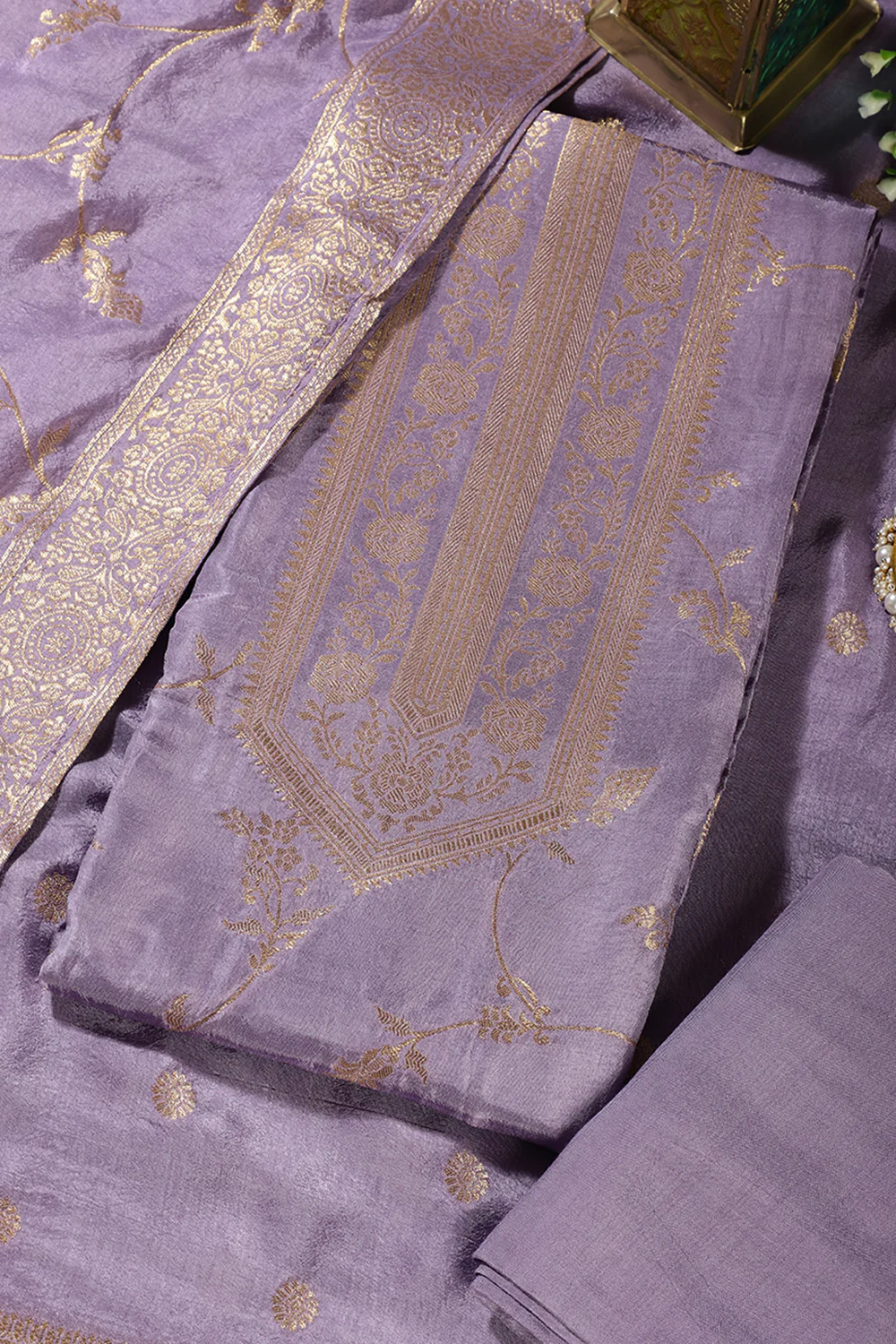 Lavender Banarsi Floral Woven Silk Unstitched Suit - Image 2