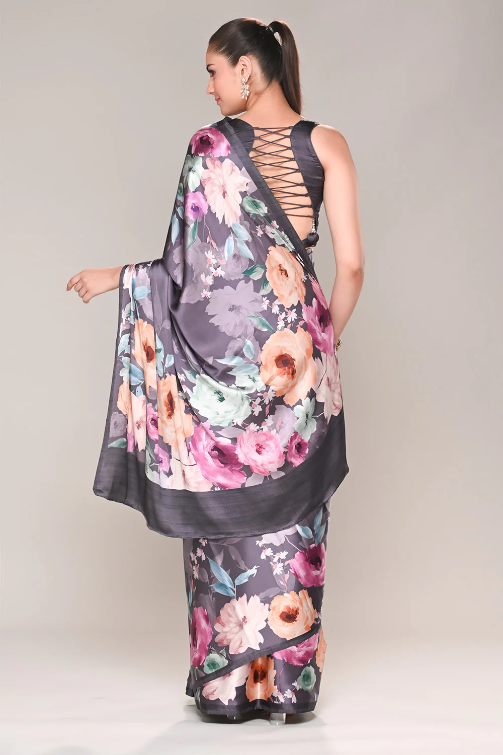 Lavender Color Satin Silk Printed Saree - Image 3