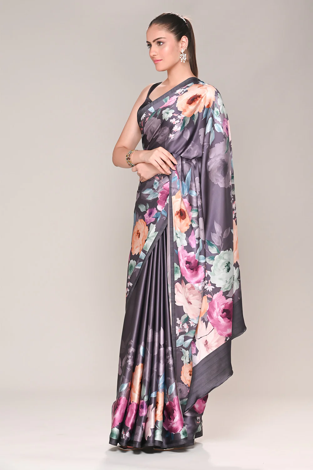 Lavender Color Satin Silk Printed Saree - Image 4