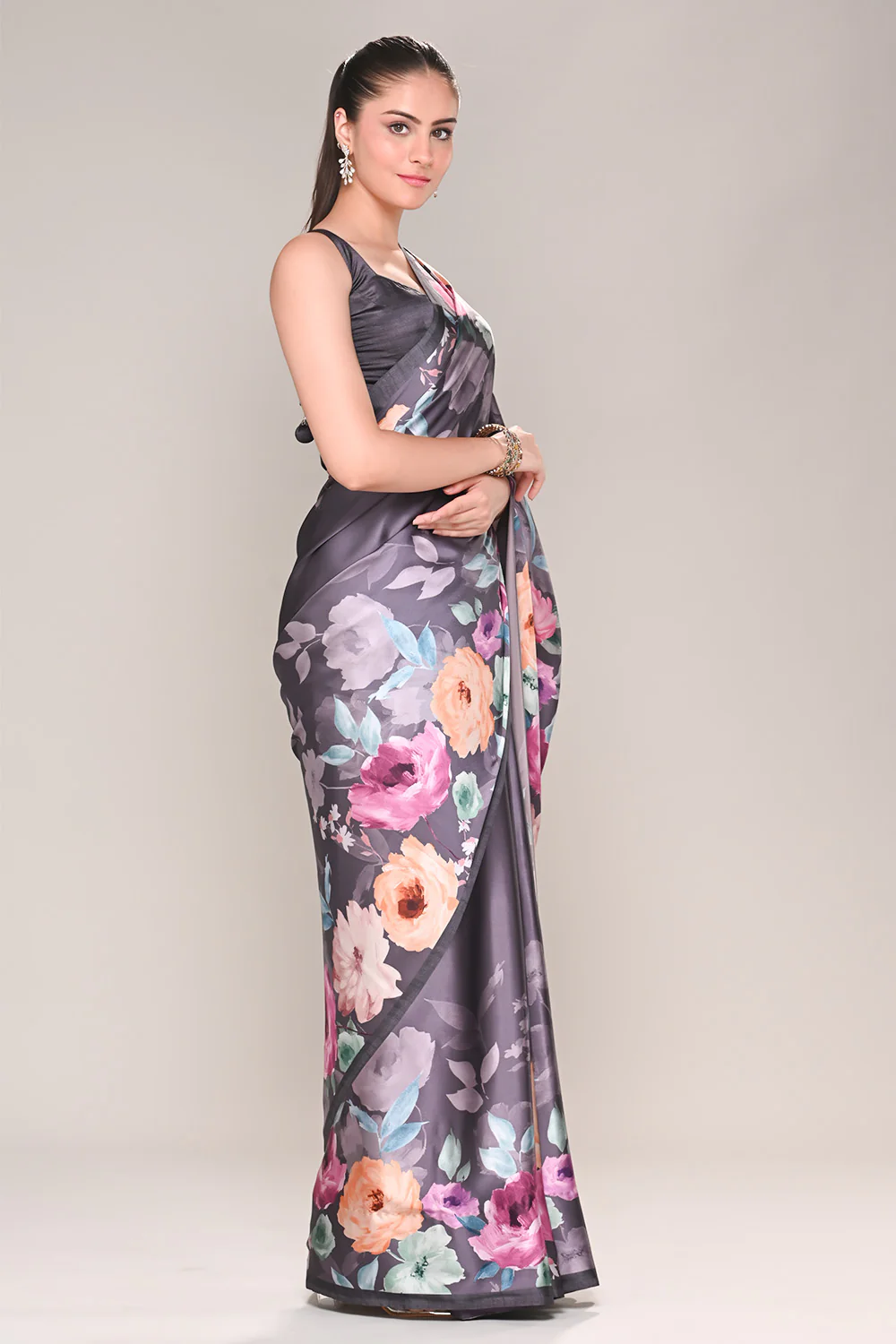 Lavender Color Satin Silk Printed Saree - Image 6