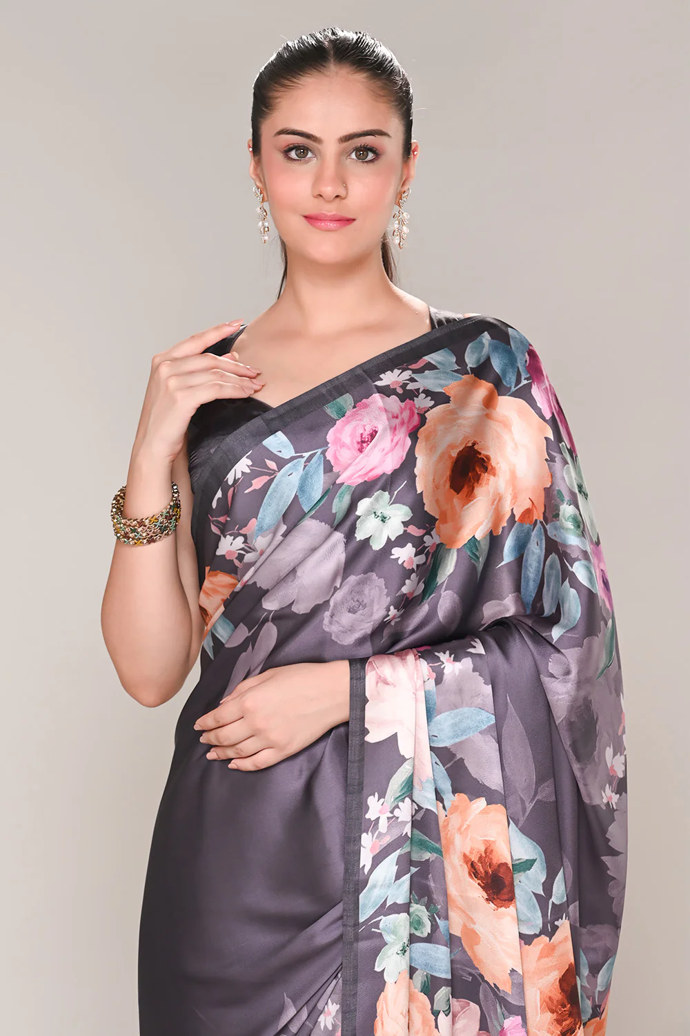 Lavender Color Satin Silk Printed Saree - Image 7