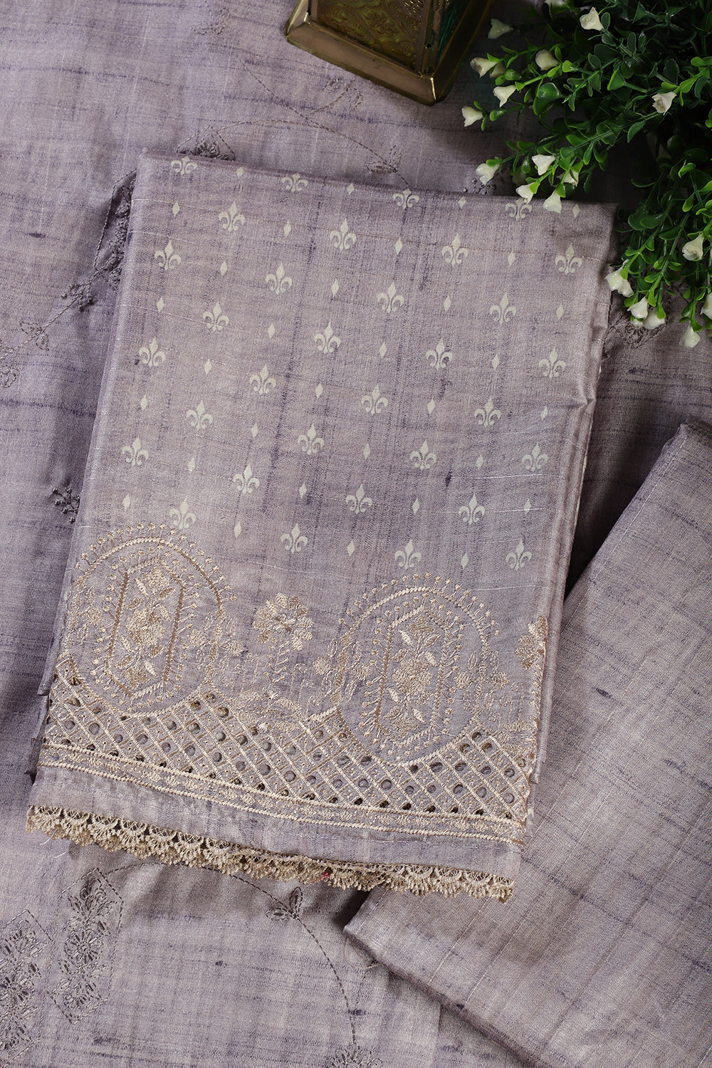 Lavender Tussar Cotton Printed And Reham Embroidered Unstiched Suit Material - Image 5