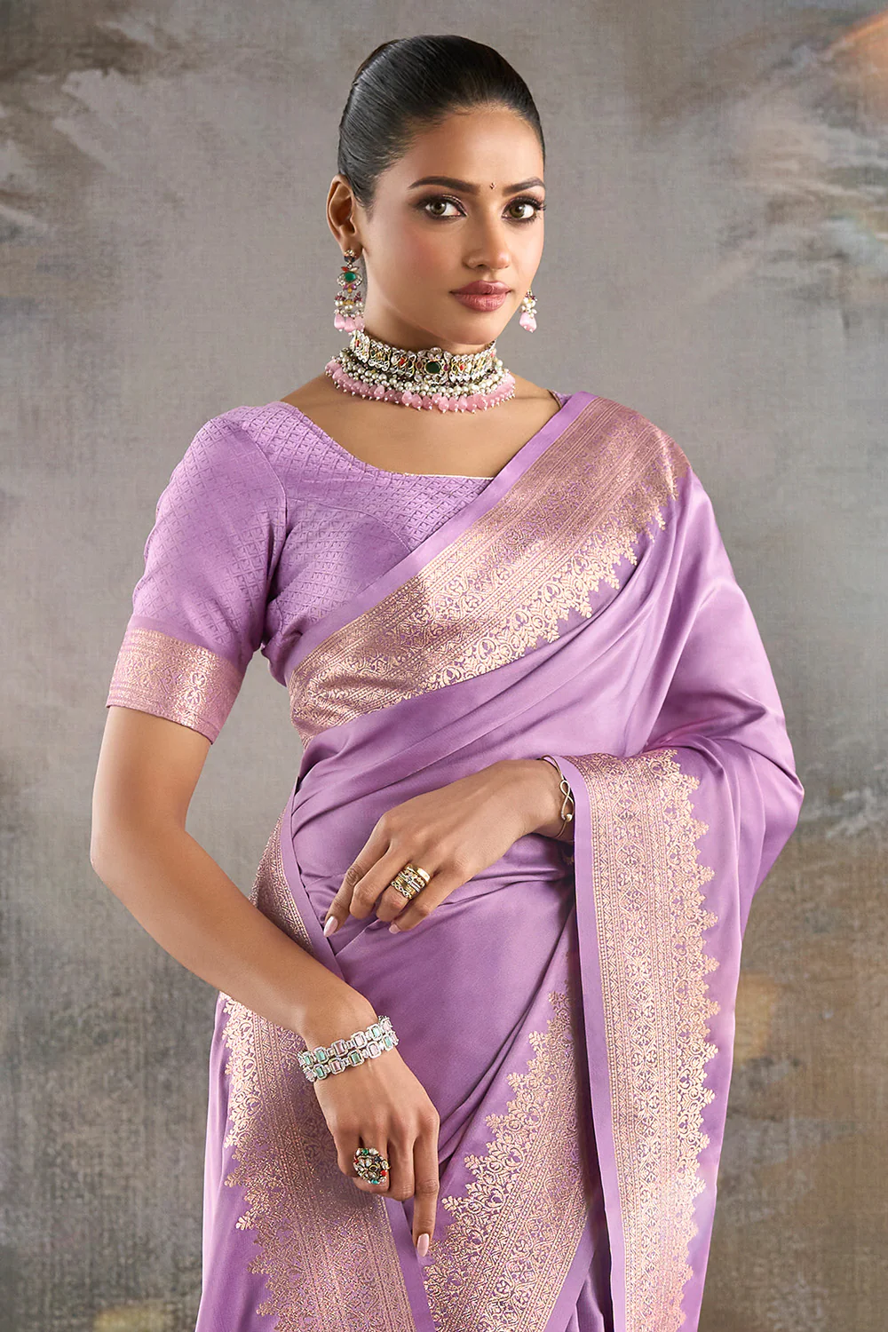 Lavender Zari Woven Satin Silk Saree - Image 2