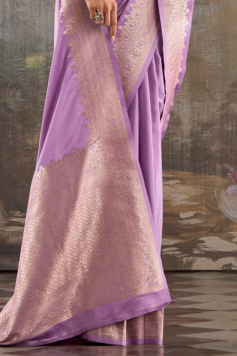 Lavender Zari Woven Satin Silk Saree - Image 3