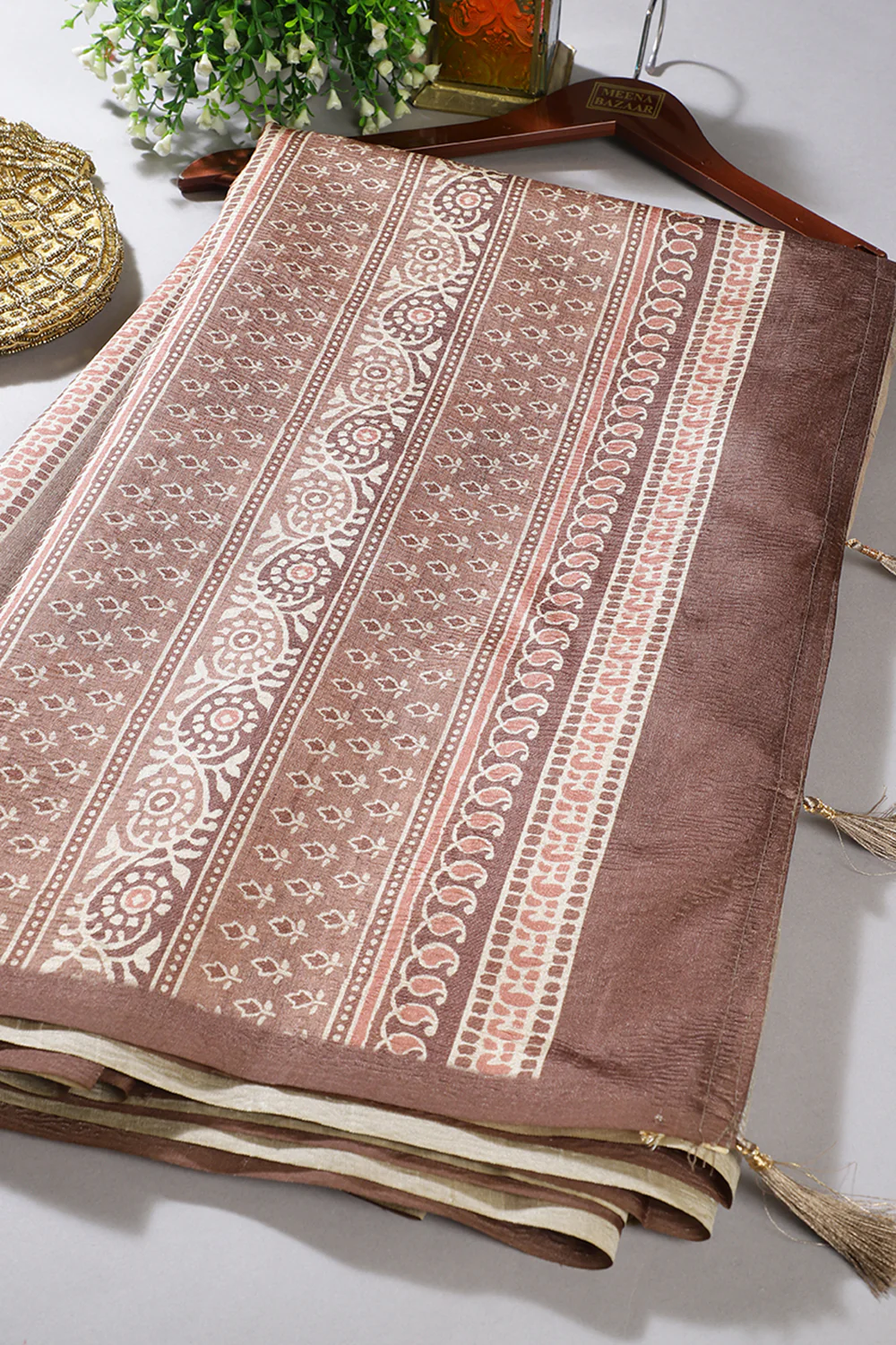 Light Brown Floral Printed Tussar Silk Saree