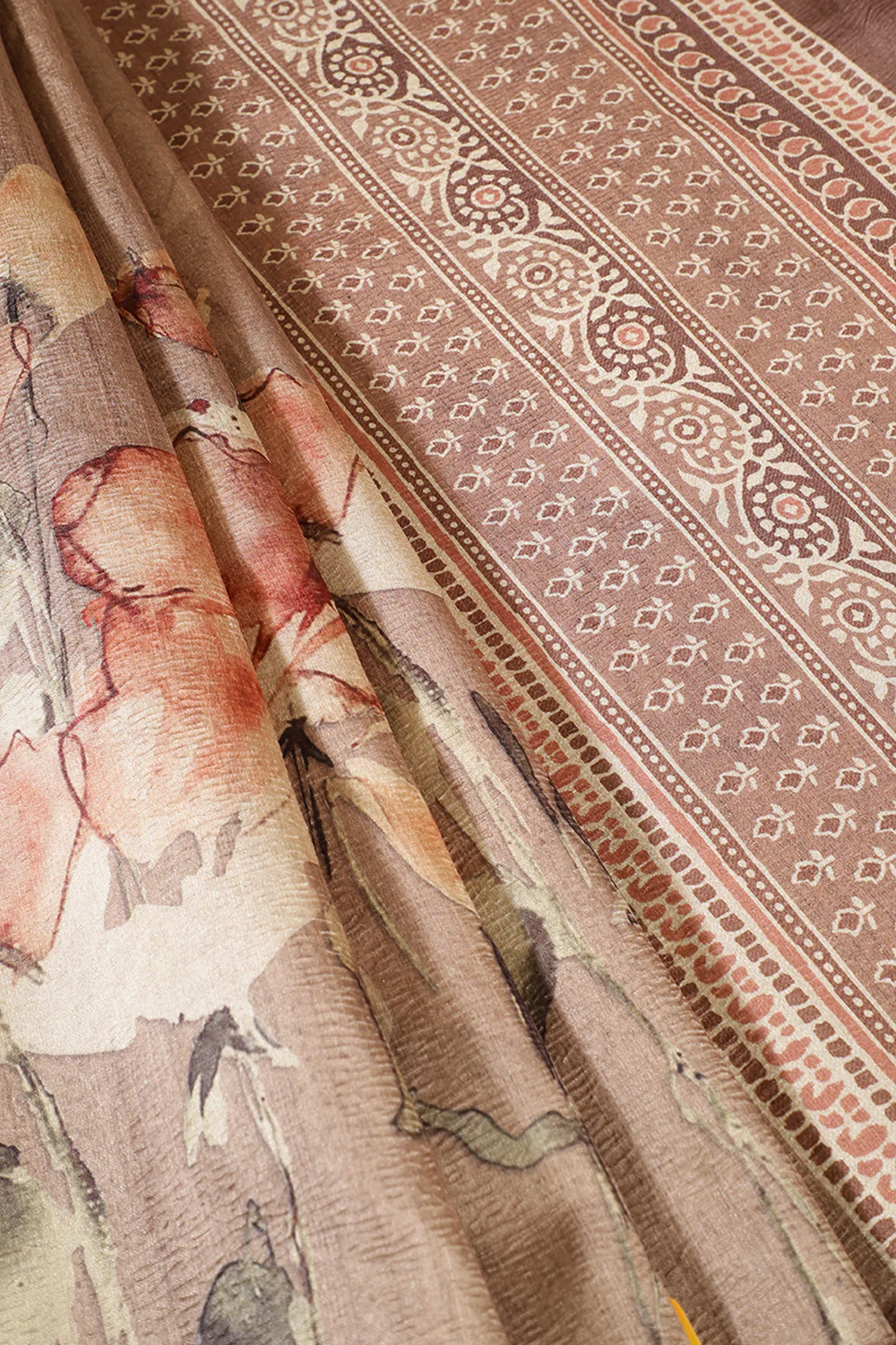 Light Brown Floral Printed Tussar Silk Saree - Image 2