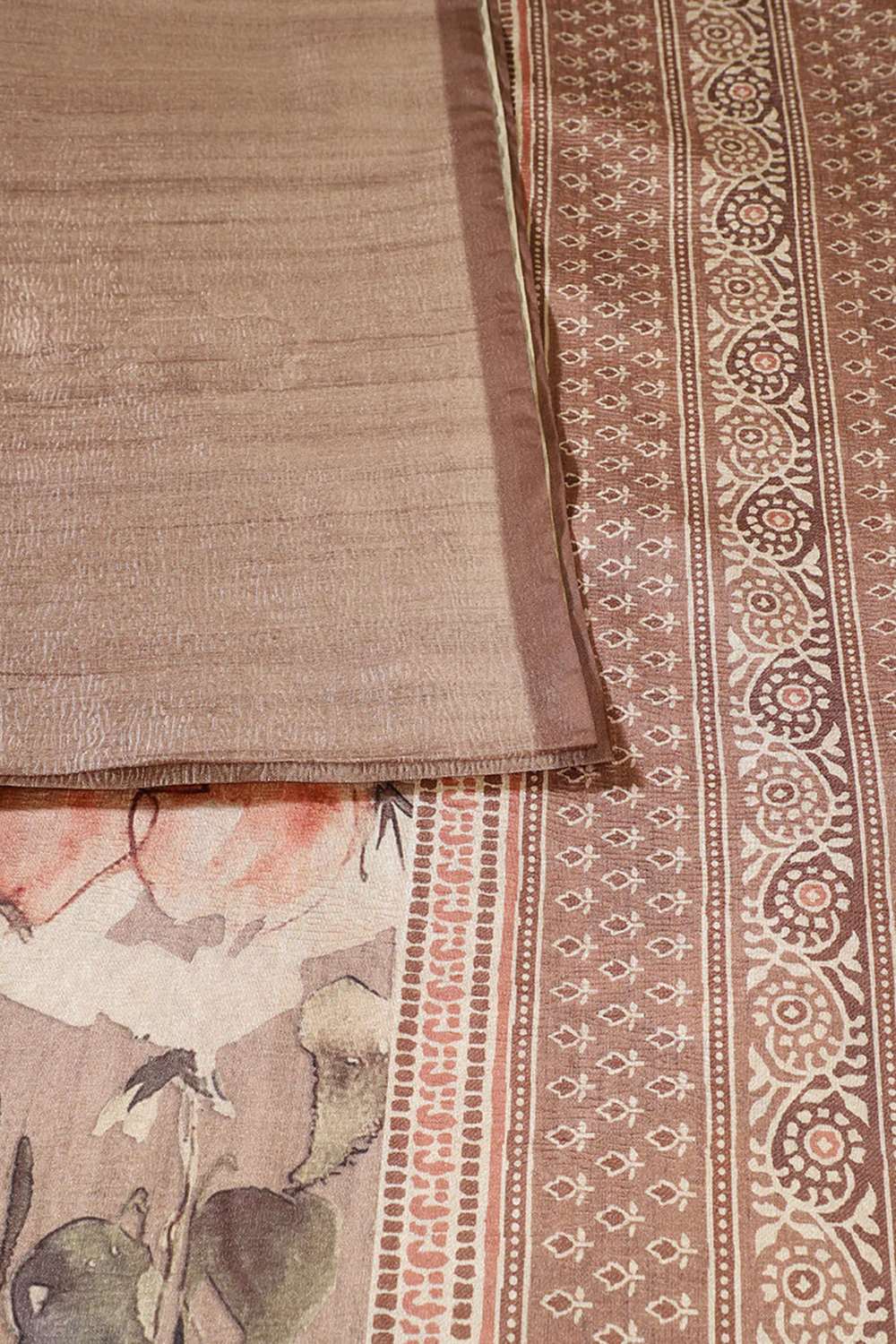 Light Brown Floral Printed Tussar Silk Saree - Image 3