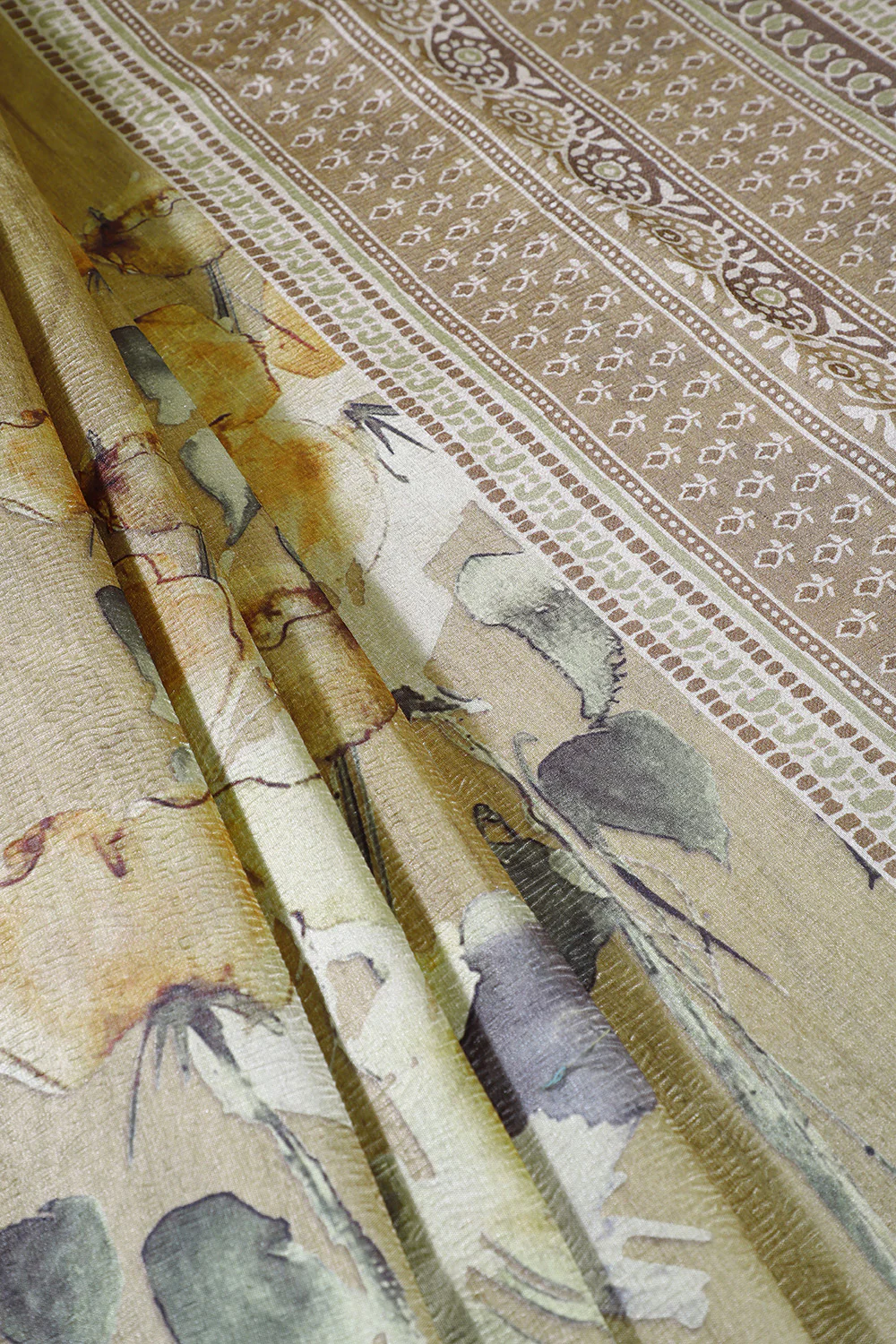 Light Brown Printed Tussar Silk Saree - Image 3