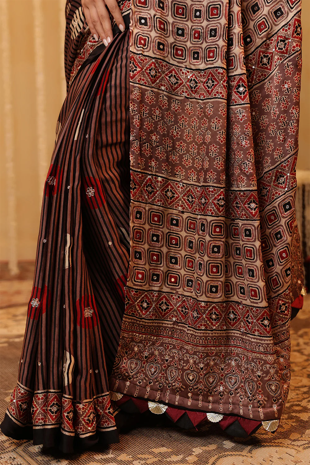 Light Brown Pure Mulberry Silk Printed And Embroidered Saree - Image 13