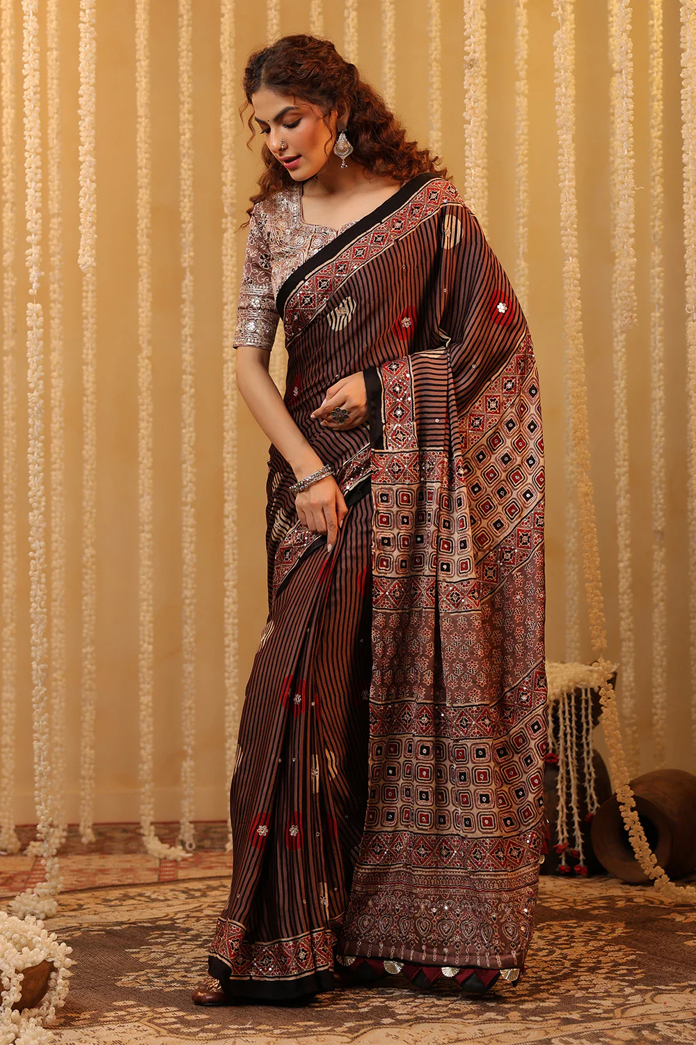 Light Brown Pure Mulberry Silk Printed And Embroidered Saree - Image 2