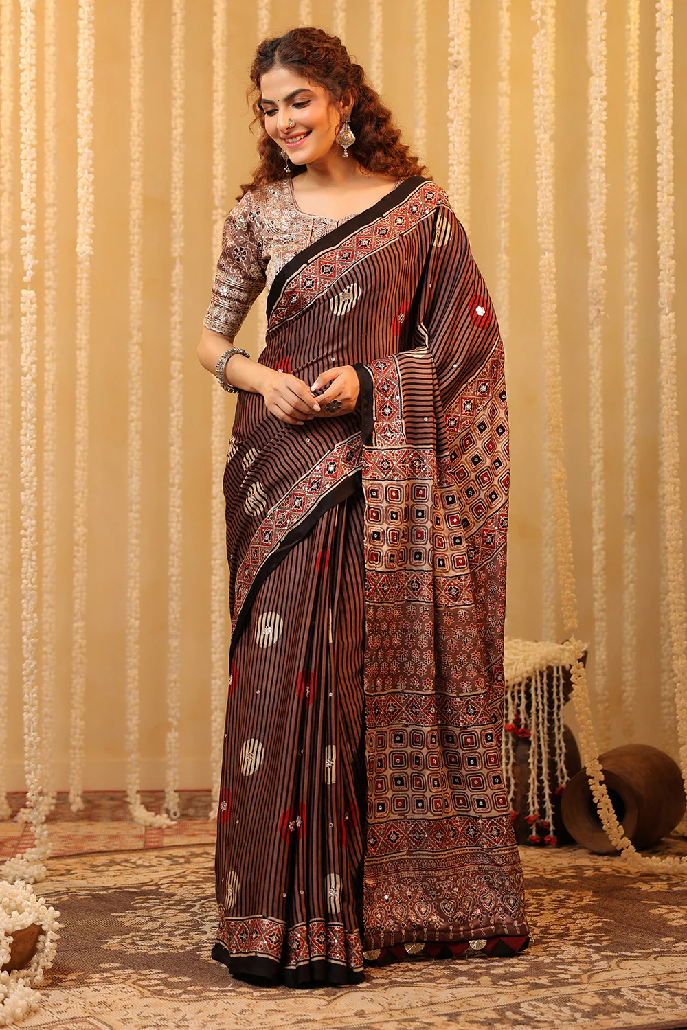 Light Brown Pure Mulberry Silk Printed And Embroidered Saree - Image 4