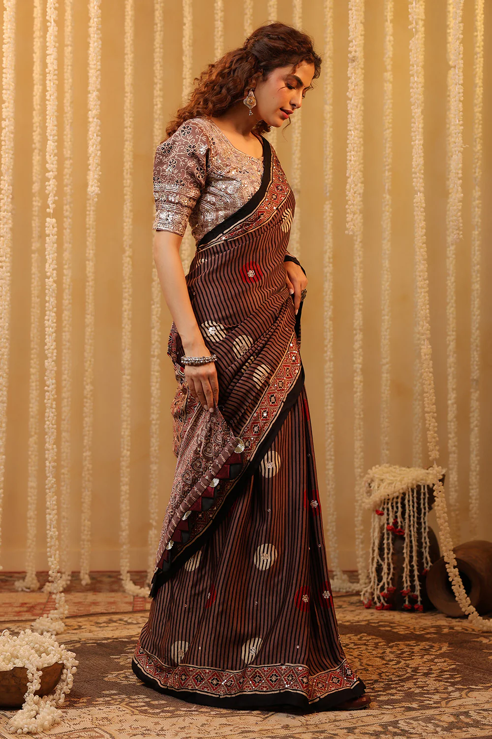 Light Brown Pure Mulberry Silk Printed And Embroidered Saree - Image 5