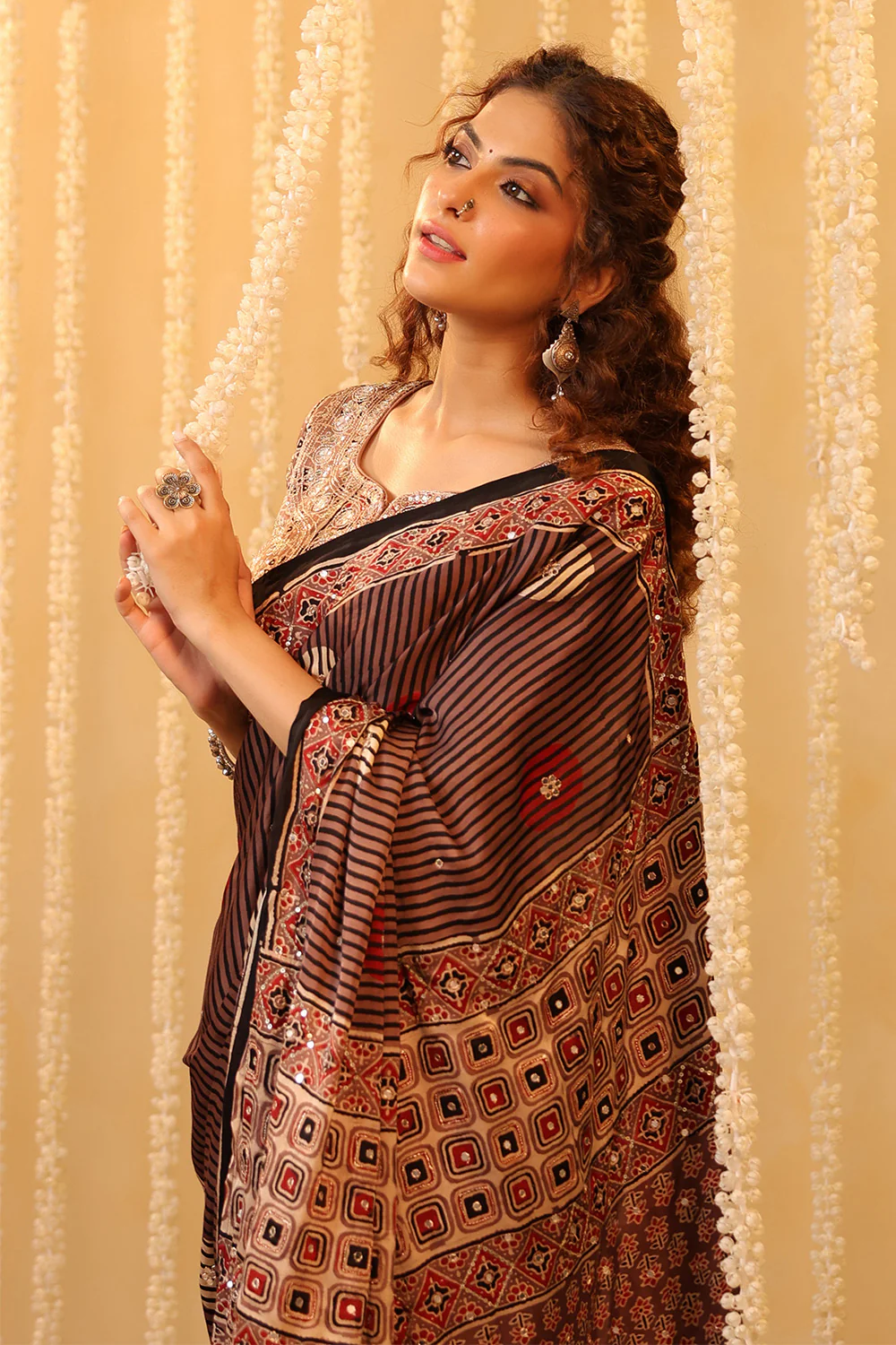 Light Brown Pure Mulberry Silk Printed And Embroidered Saree - Image 9