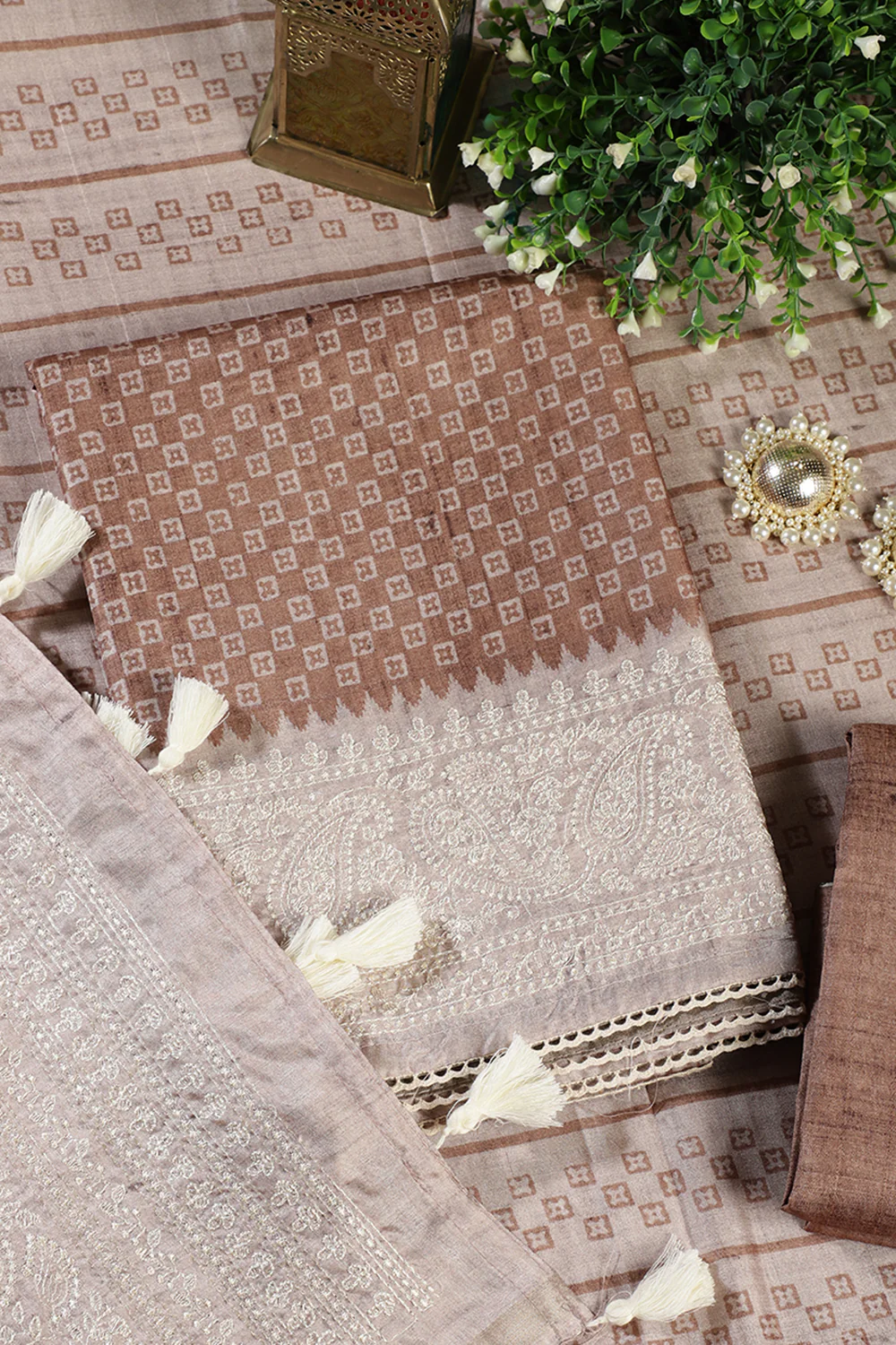 Light Brown Tussar Cotton Printed And Reham Embroidered Unstiched Suit Material - Image 2