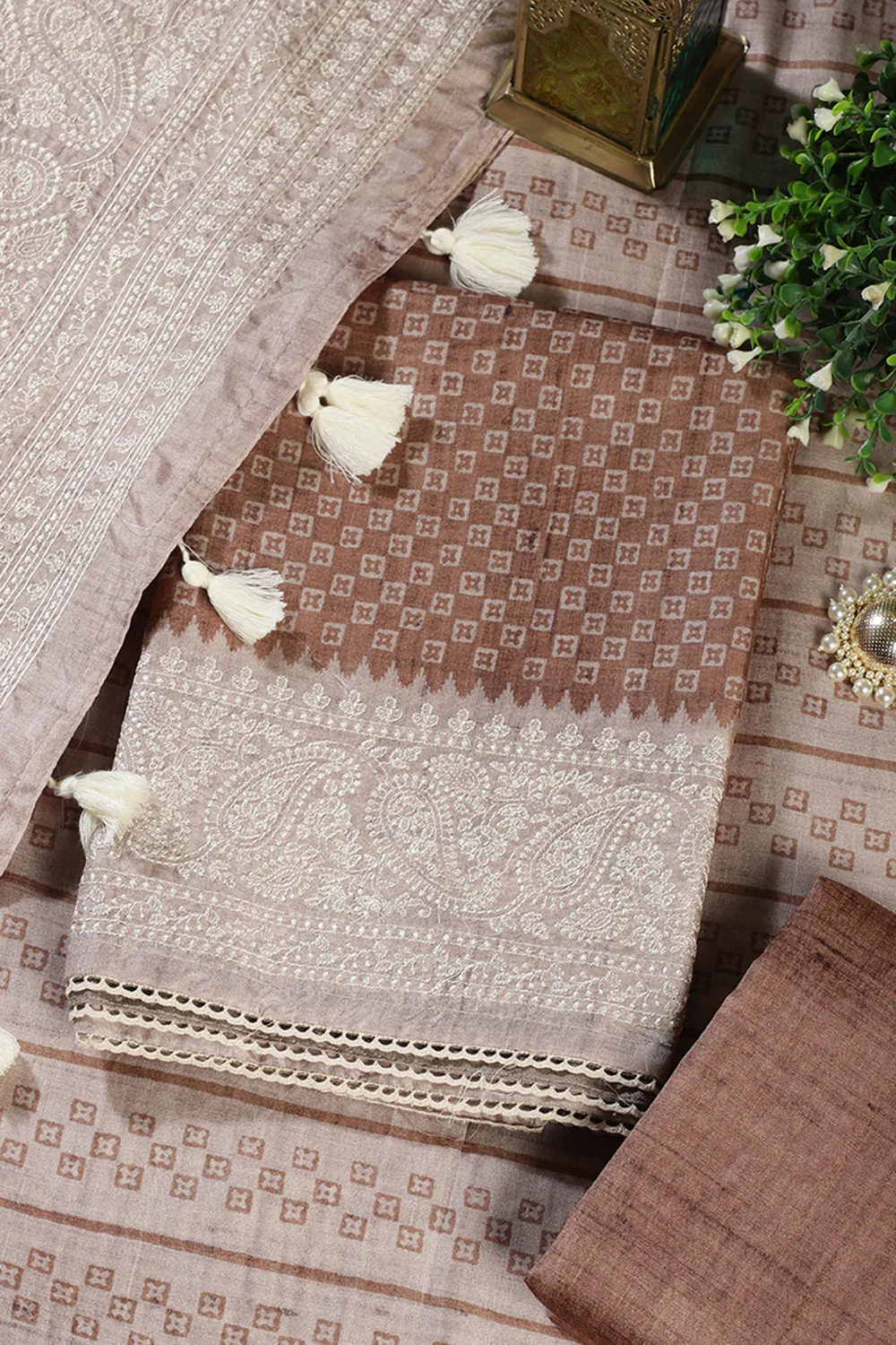 Light Brown Tussar Cotton Printed And Reham Embroidered Unstiched Suit Material - Image 3