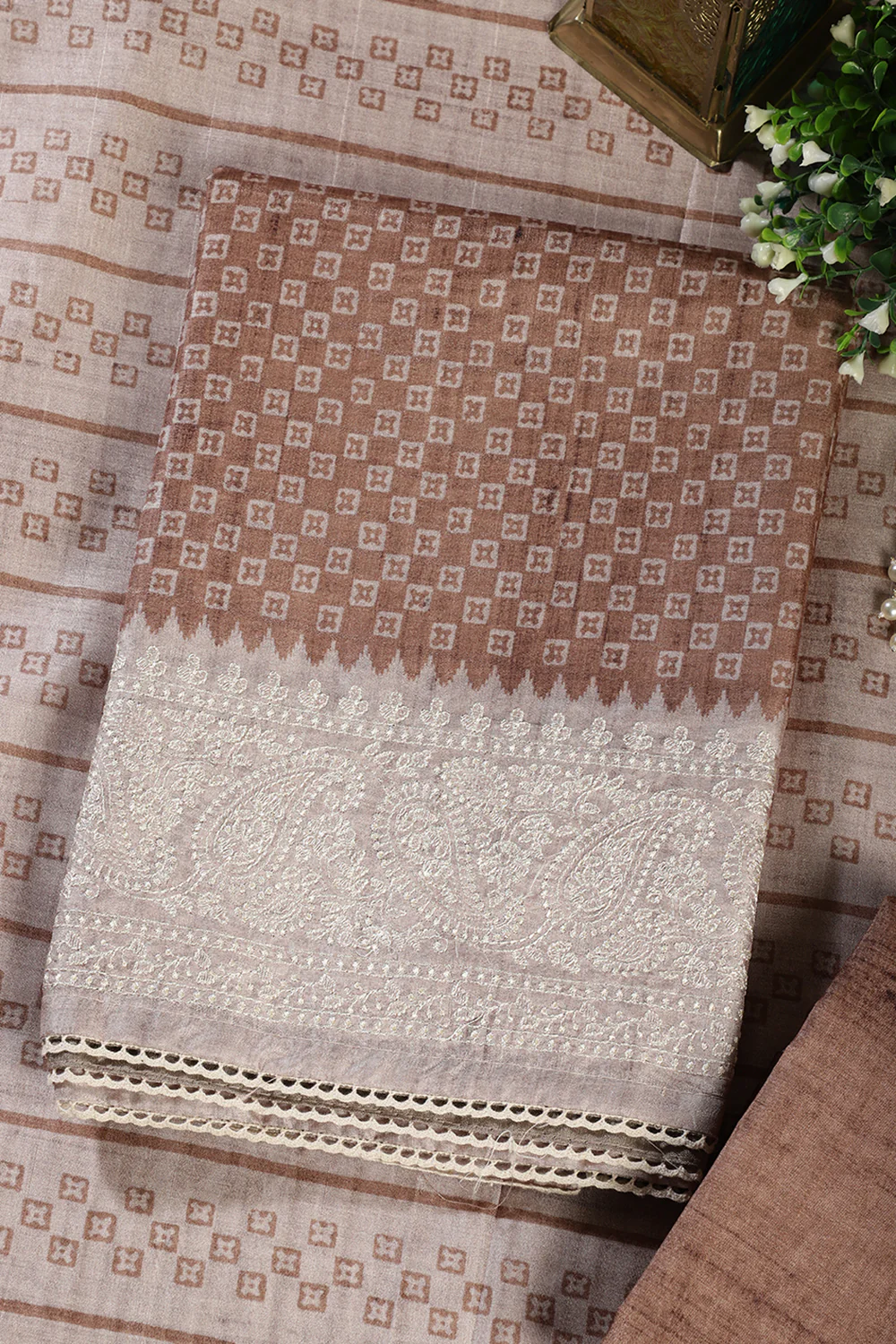 Light Brown Tussar Cotton Printed And Reham Embroidered Unstiched Suit Material - Image 4