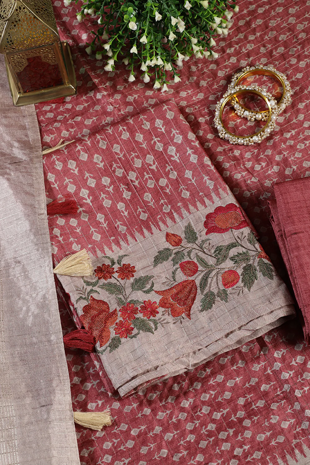 Light Maroon Tussar Cotton Printed And Floral Embroidered Unstiched Suit Material - Image 4