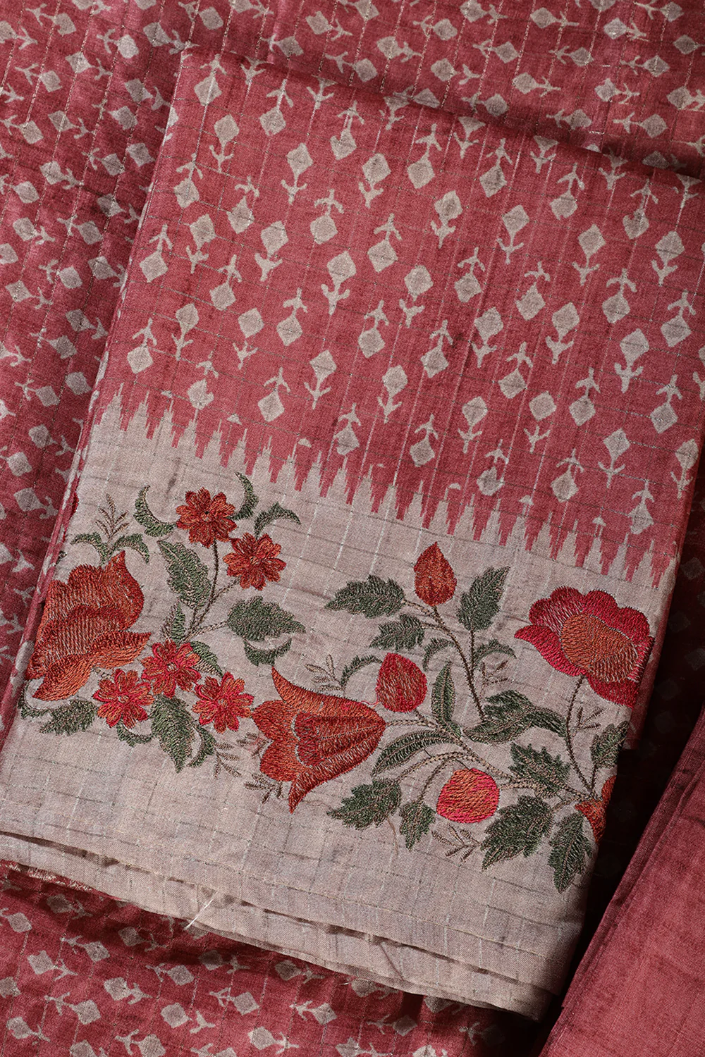 Light Maroon Tussar Cotton Printed And Floral Embroidered Unstiched Suit Material - Image 5