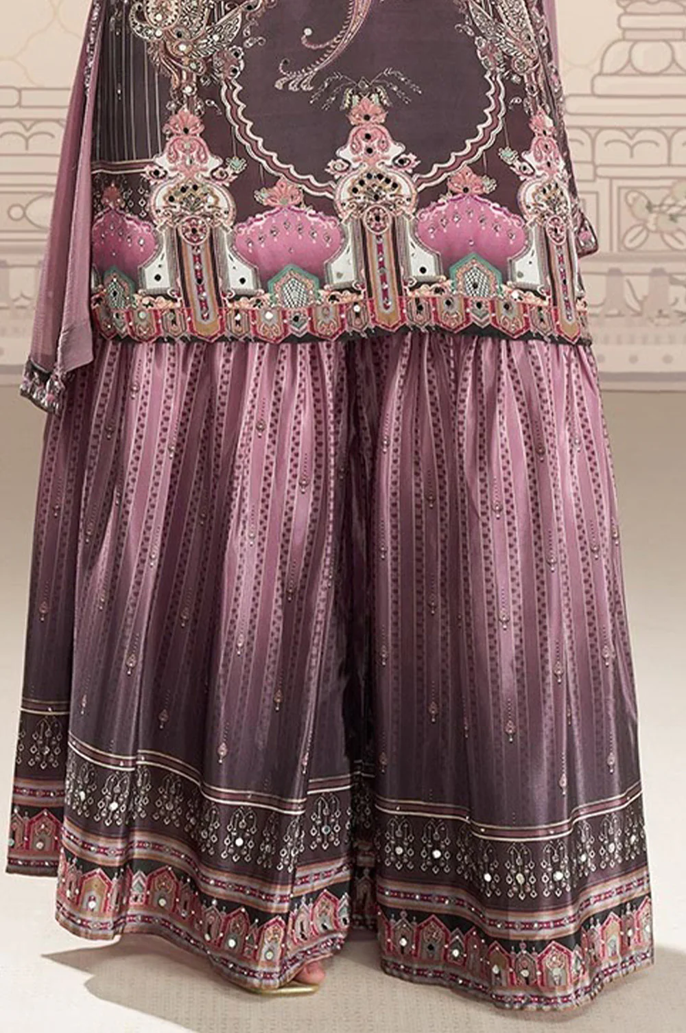 Light Mauve Crepe Silk Mirror And Swarovski Embroidered Printed Suit With Gharara - Image 3