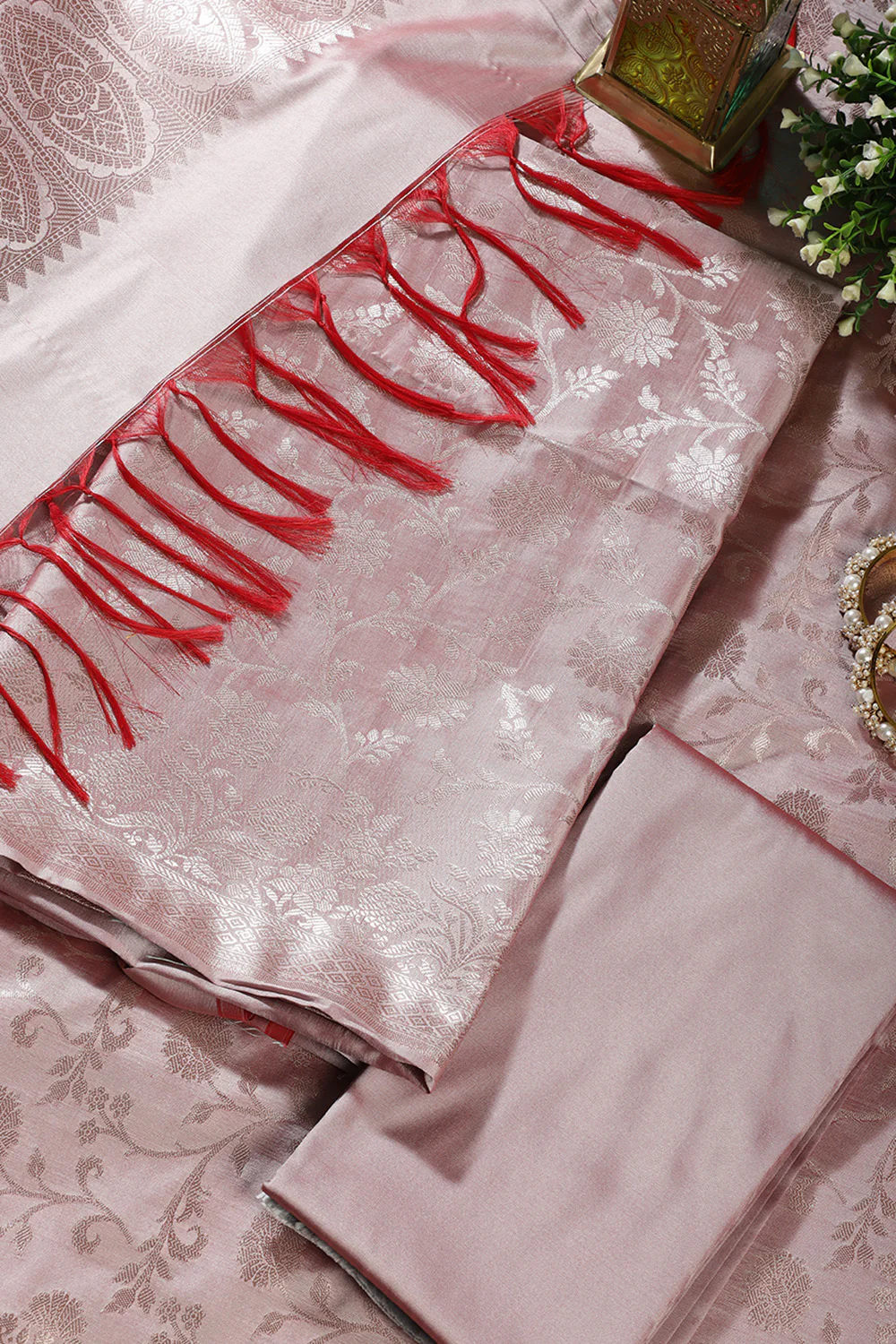 Light Mauve Zari Floral Woven Silk Unstitched Suit Fabric - Image 2