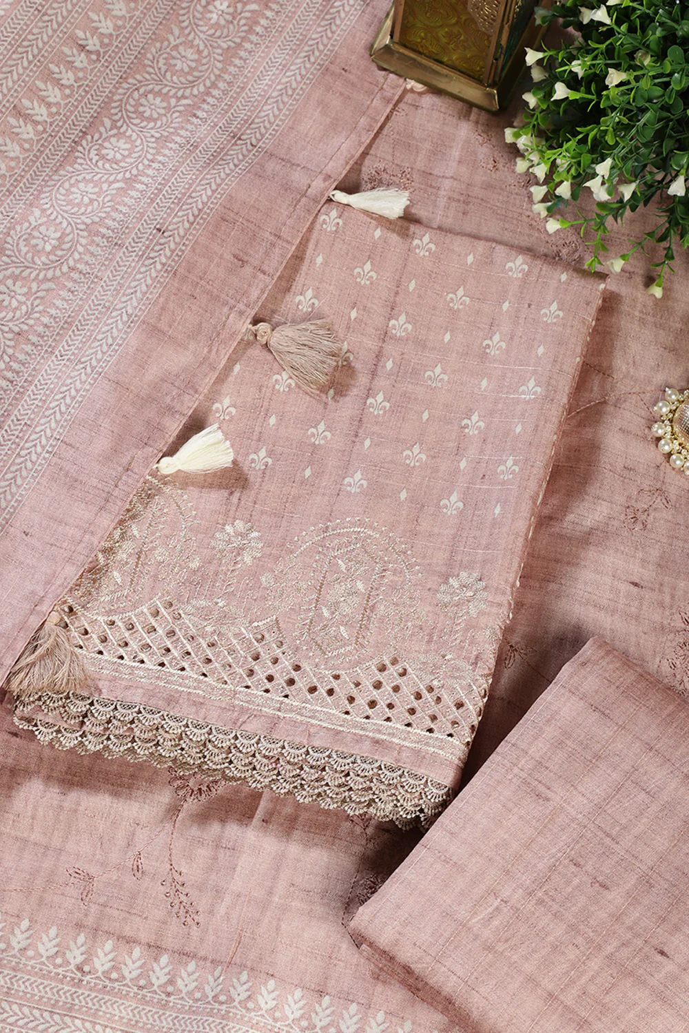 Light Peach Tussar Cotton Printed And Reham Embroidered Unstiched Suit Material - Image 3