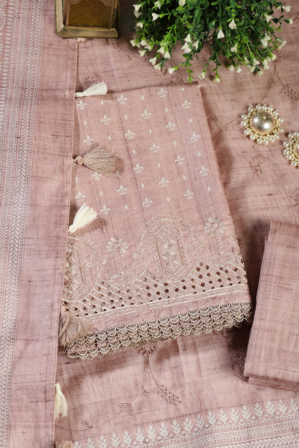 Light Peach Tussar Cotton Printed And Reham Embroidered Unstiched Suit Material - Image 4