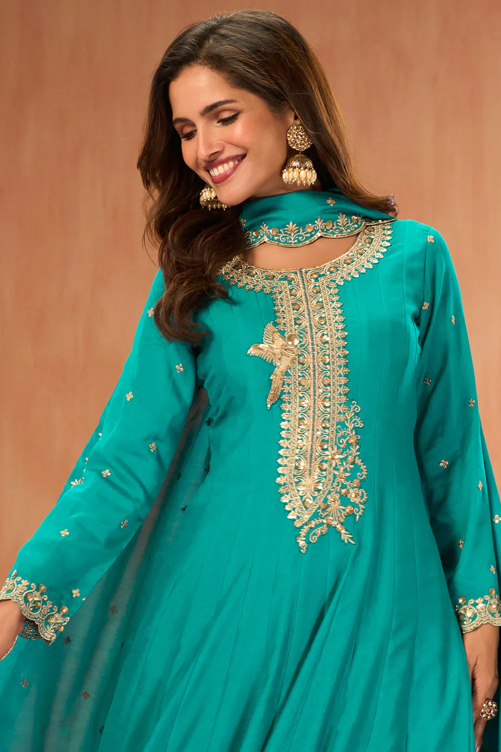 Light Sea Green Crepe Silk Zari and Sequins Embroidered Anarkali Suit - Image 2