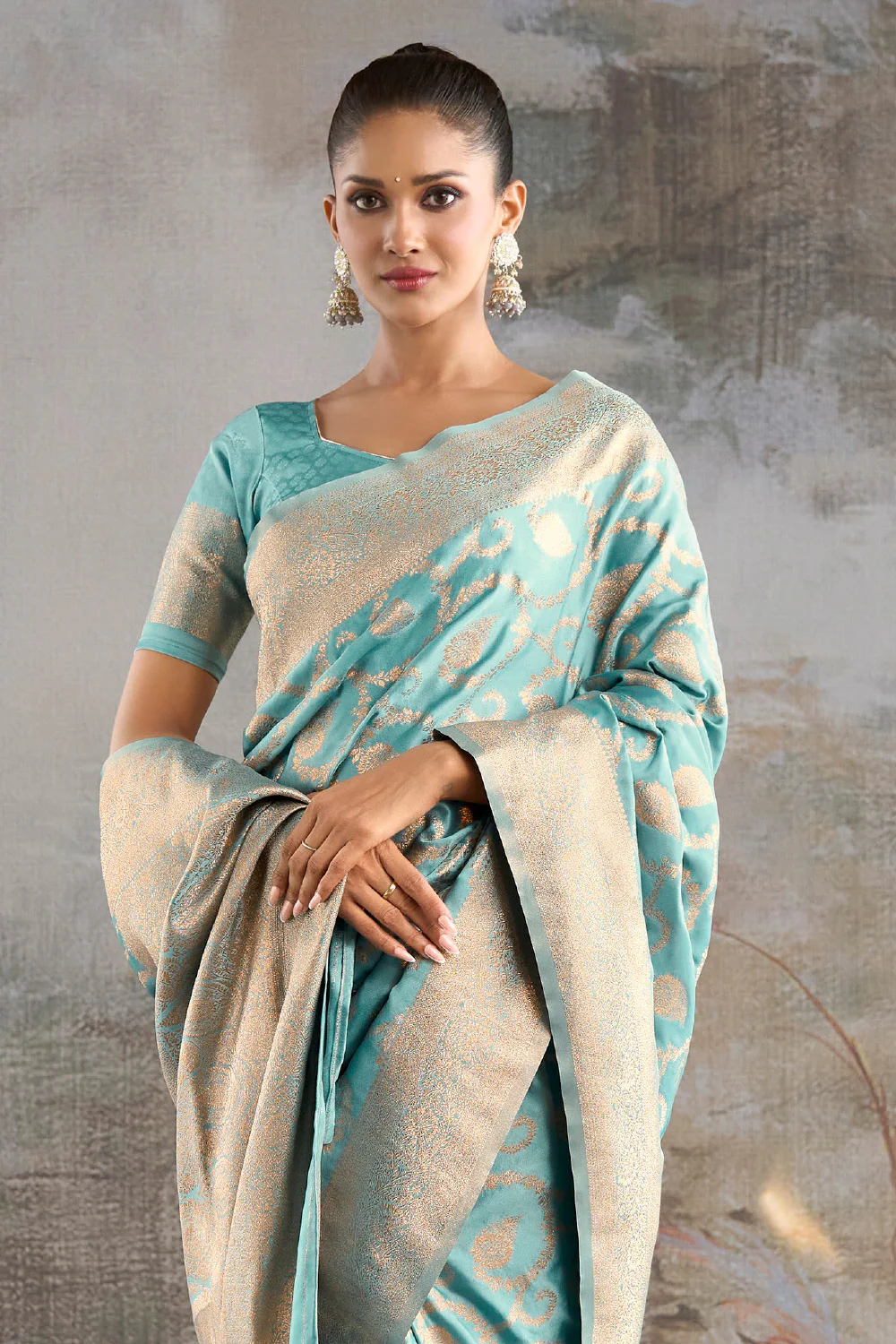 Light Turquoise  Silk Banarasi Woven Saree - Image 2