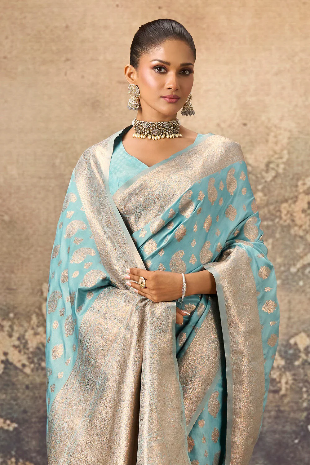 Light Turquoise Woven Silk Banarasi Saree - Image 2