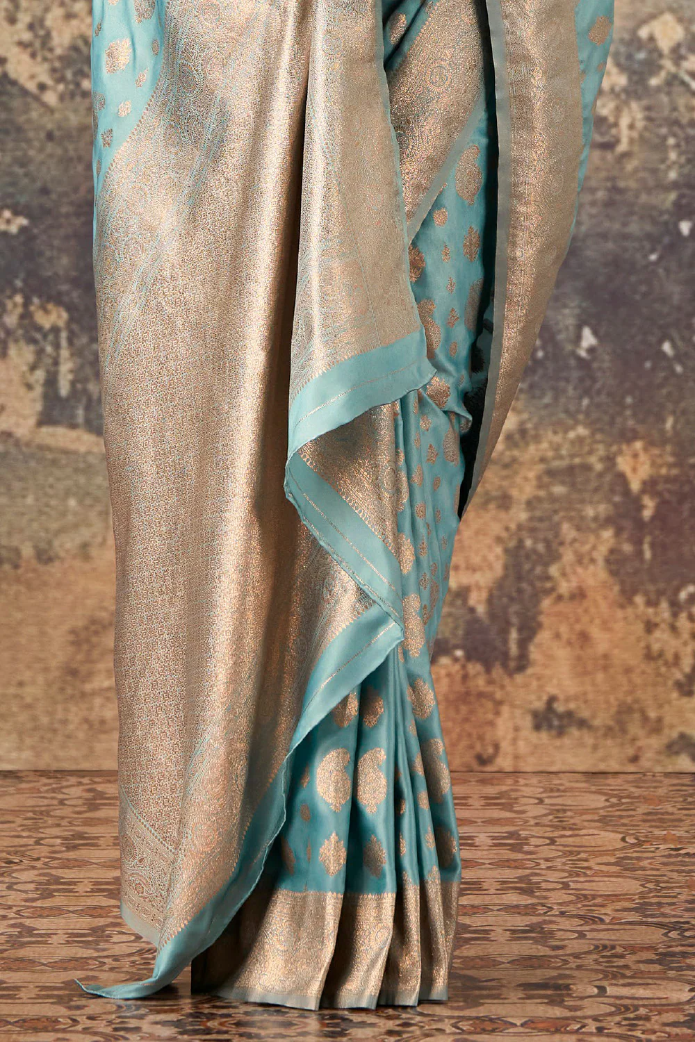 Light Turquoise Woven Silk Banarasi Saree - Image 3