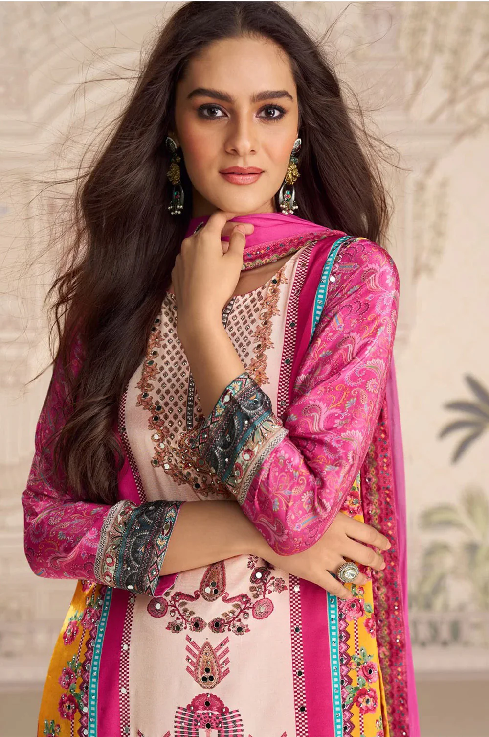 Magenta Crepe Silk Mirror And Swarovski Embroidered Printed Suit With Gharara - Image 2