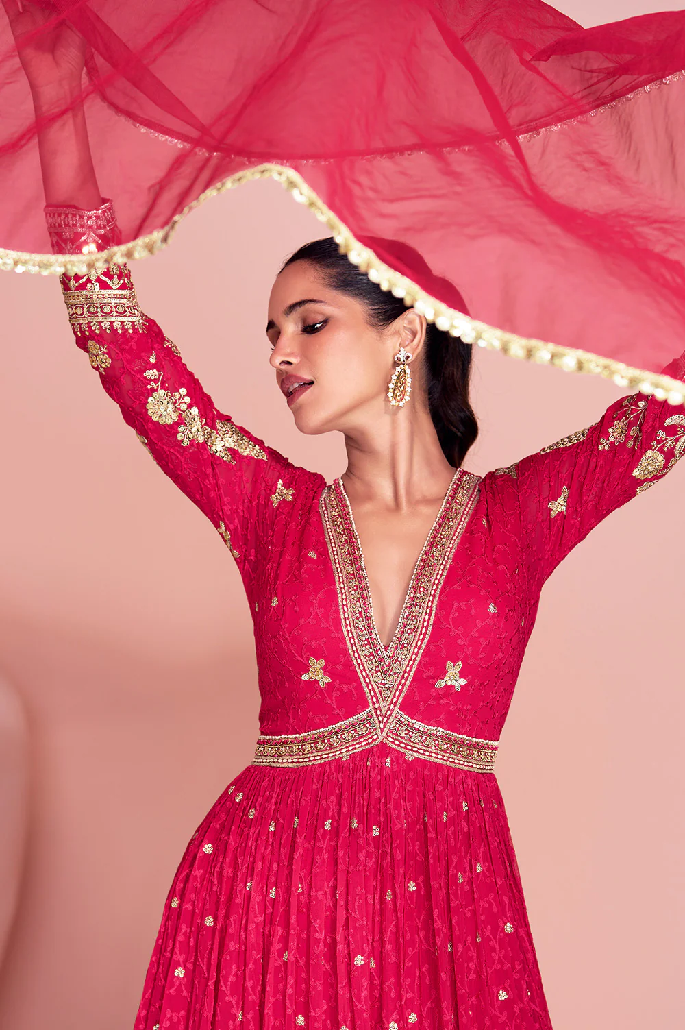 Magenta Georgette Resham, Zari and Sequins Embroidered Alia Cut Anarkali Gown - Image 3