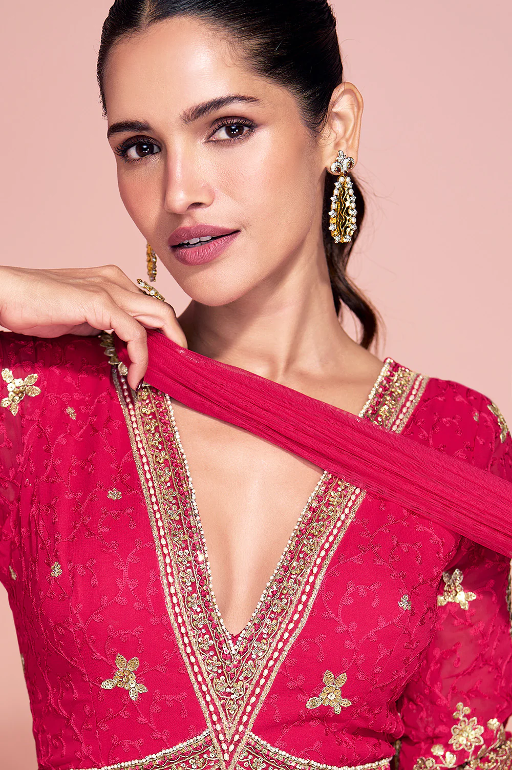 Magenta Georgette Resham, Zari and Sequins Embroidered Alia Cut Anarkali Gown - Image 4