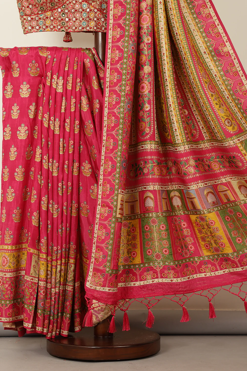 Magenta Pink Banarsi Position Woven Silk Saree - Image 3