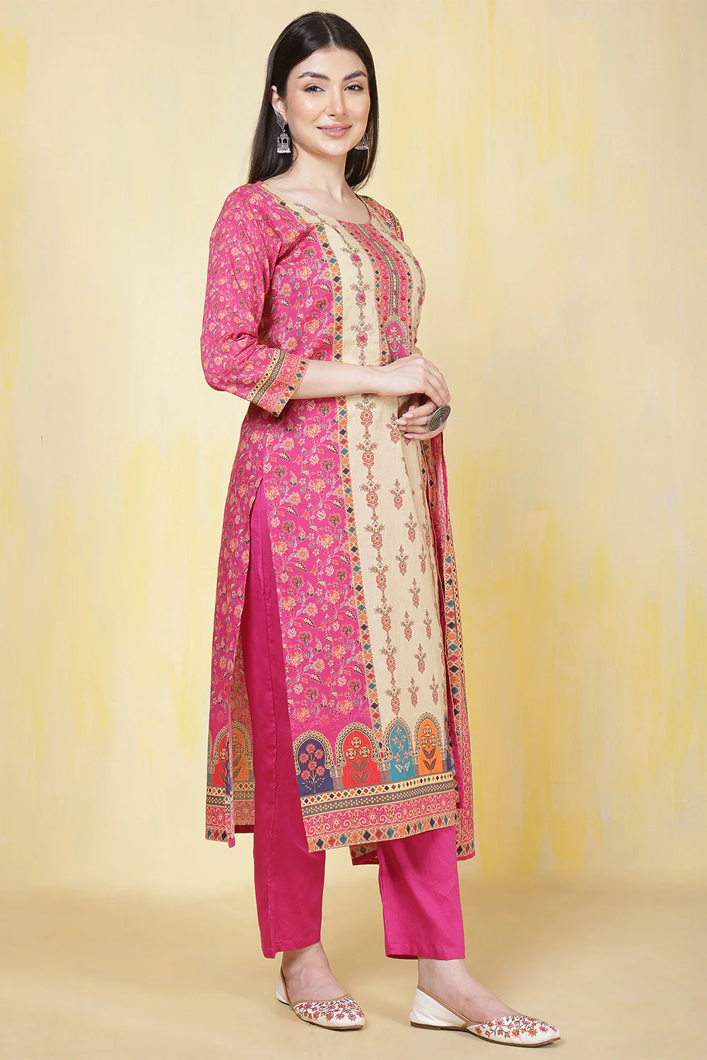 Magenta Pink & Beige Cotton Floral Printed Suit - Image 10