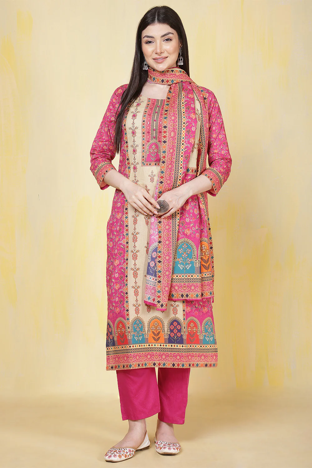 Magenta Pink & Beige Cotton Floral Printed Suit - Image 3