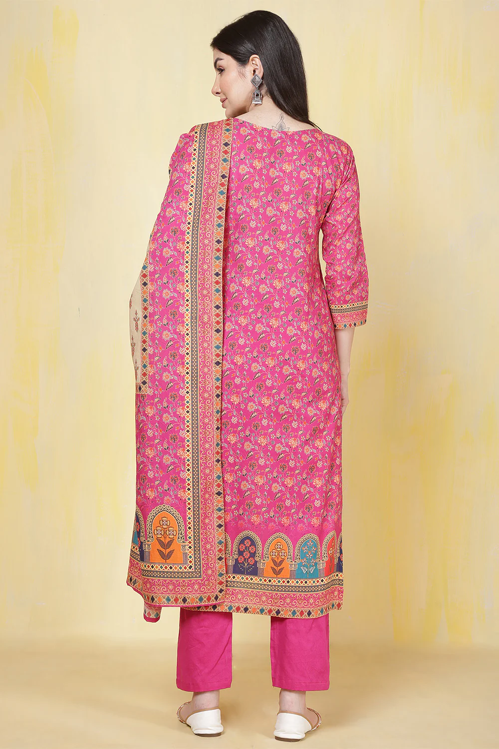 Magenta Pink & Beige Cotton Floral Printed Suit - Image 4