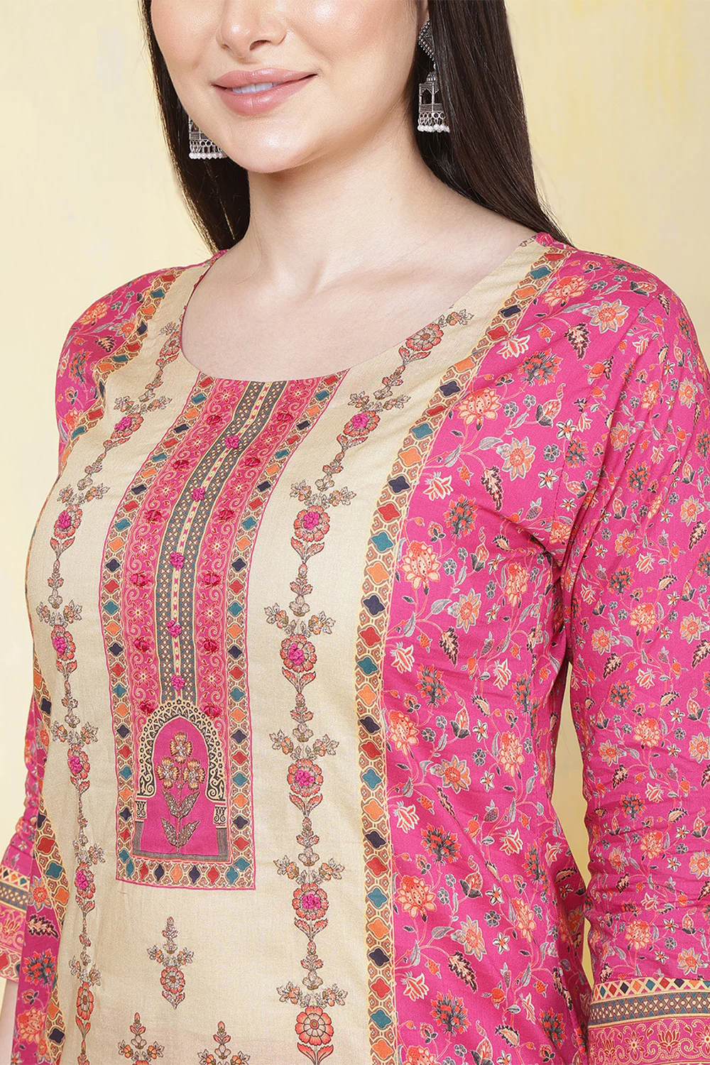 Magenta Pink & Beige Cotton Floral Printed Suit - Image 5