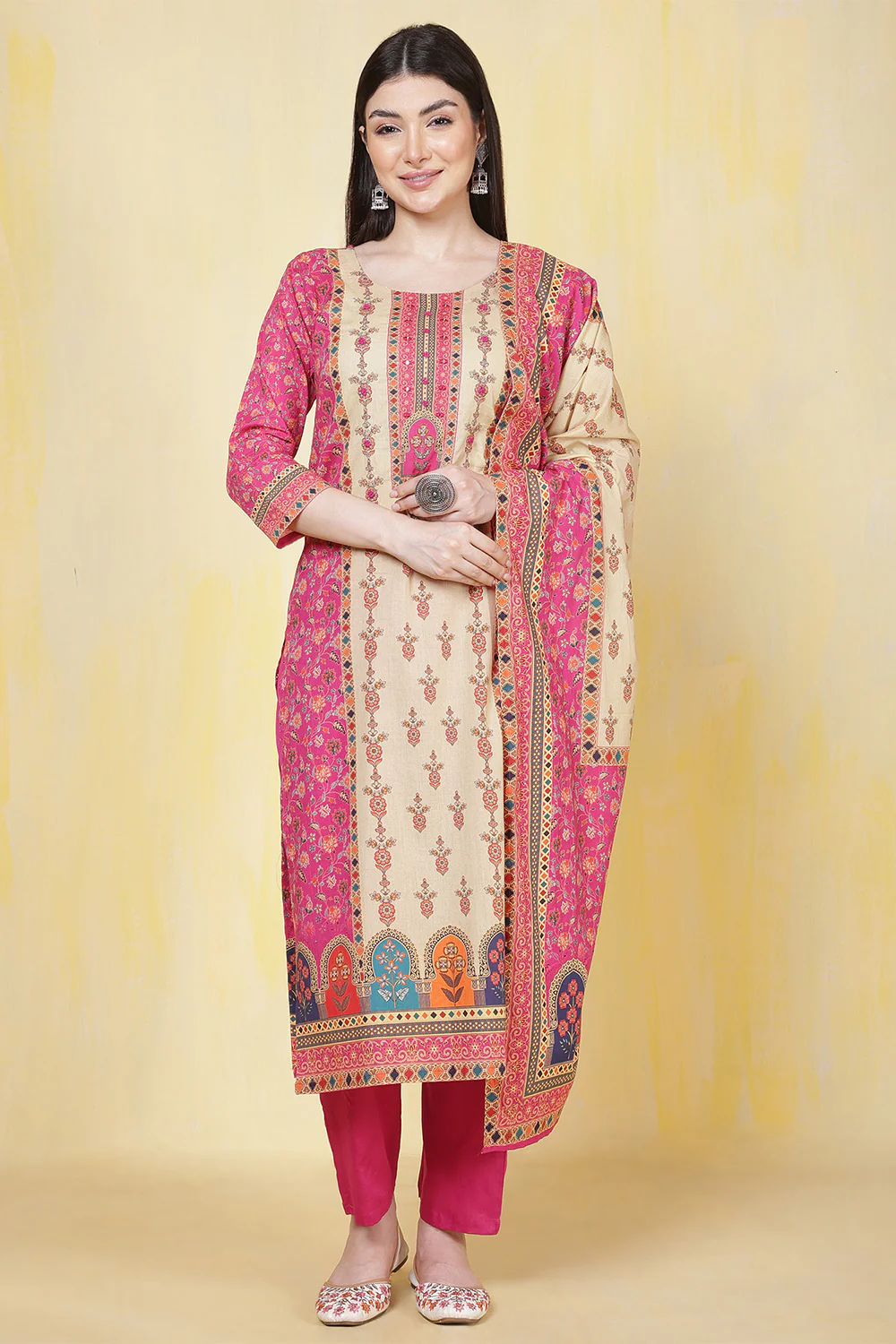 Magenta Pink & Beige Cotton Floral Printed Suit - Image 8